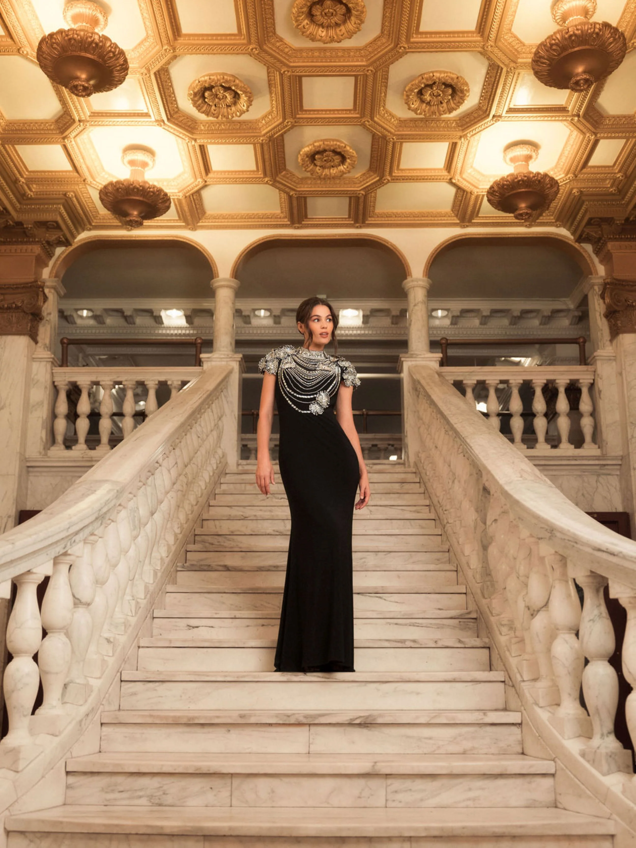 Black High Neck Embellished Column Gown