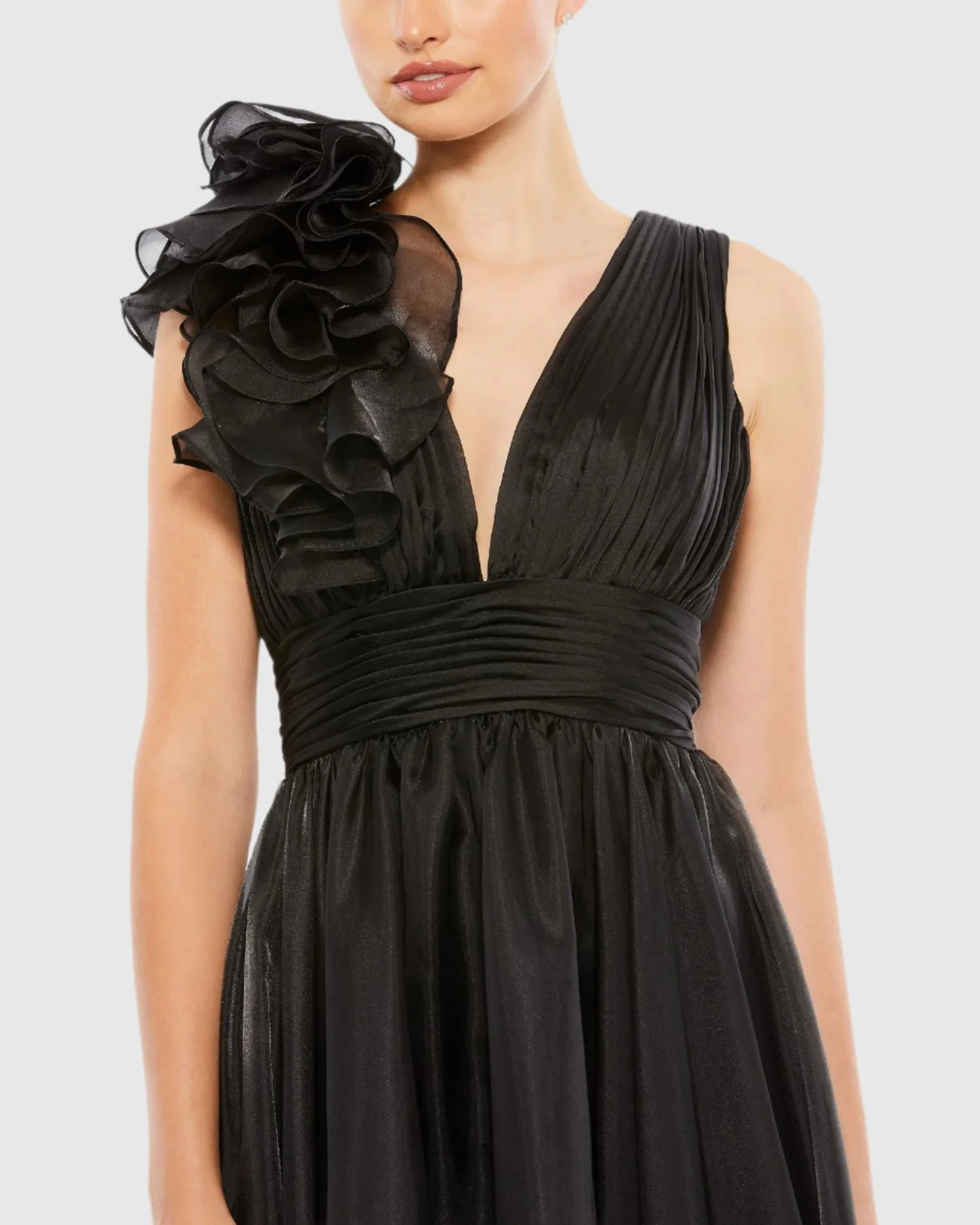 Black Plunging V Neck Ruffled A-Line Cocktail Dress