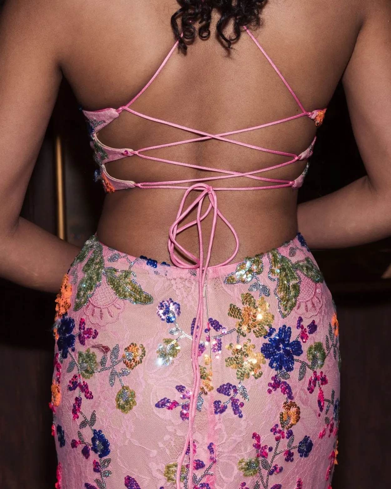 Pink Embellished Lace Strappy Column Gown