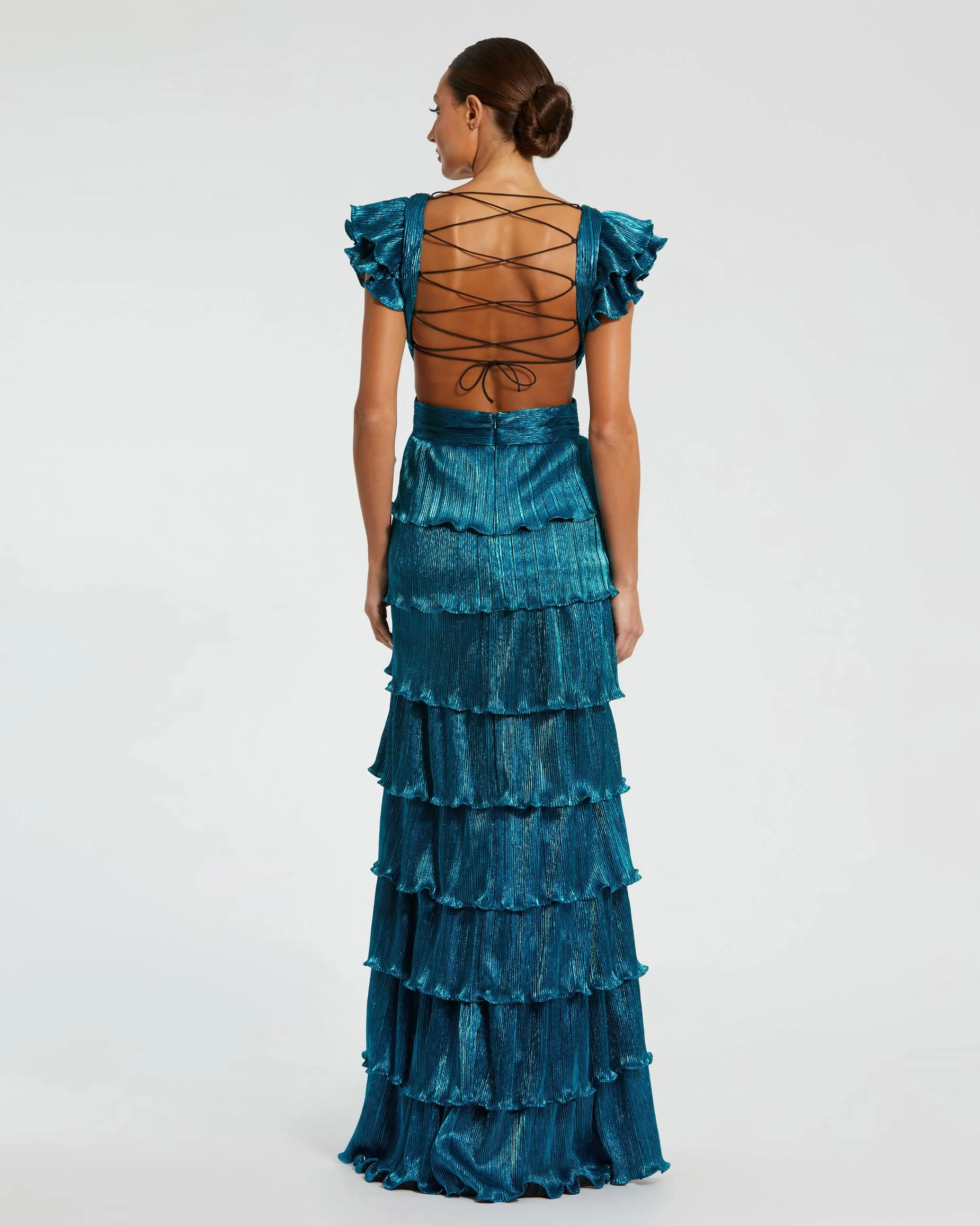 Blue Ruffle Tiered Criss Cross Lace Up Gown