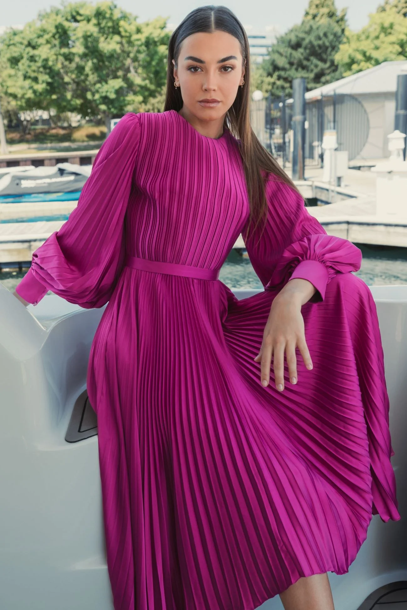 Purple Long Sleeve Pleated Handkerchief Dress