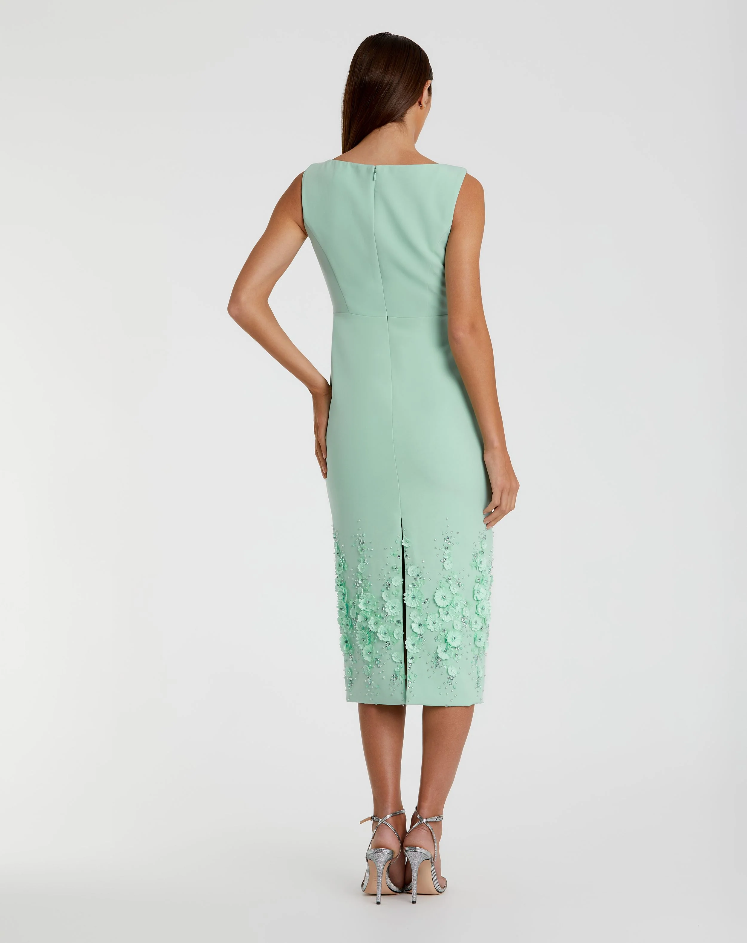 Green Crepe Sleeveless Midi Dress With Flower Beading