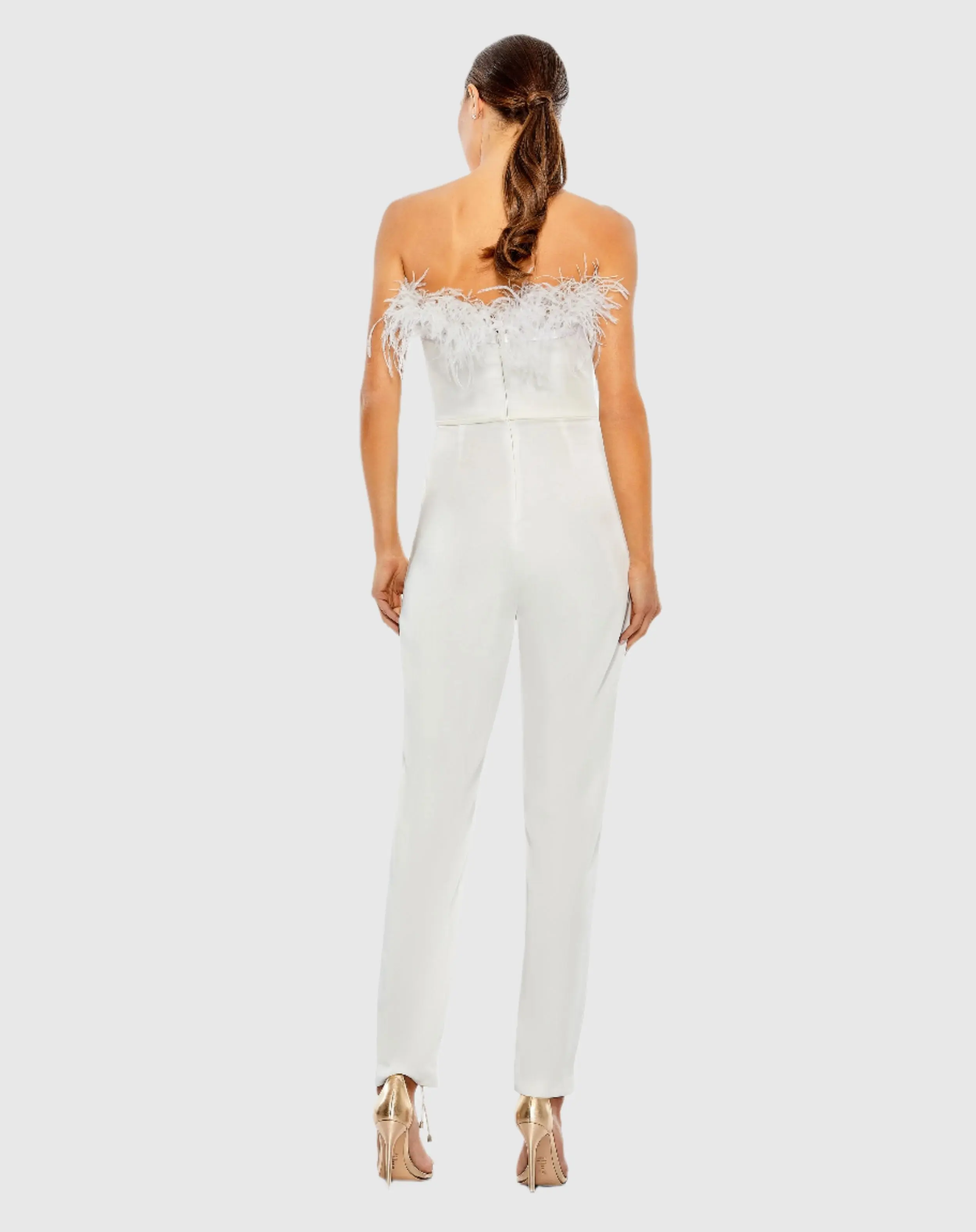 White Strapless Jumpsuit with Feather Trim