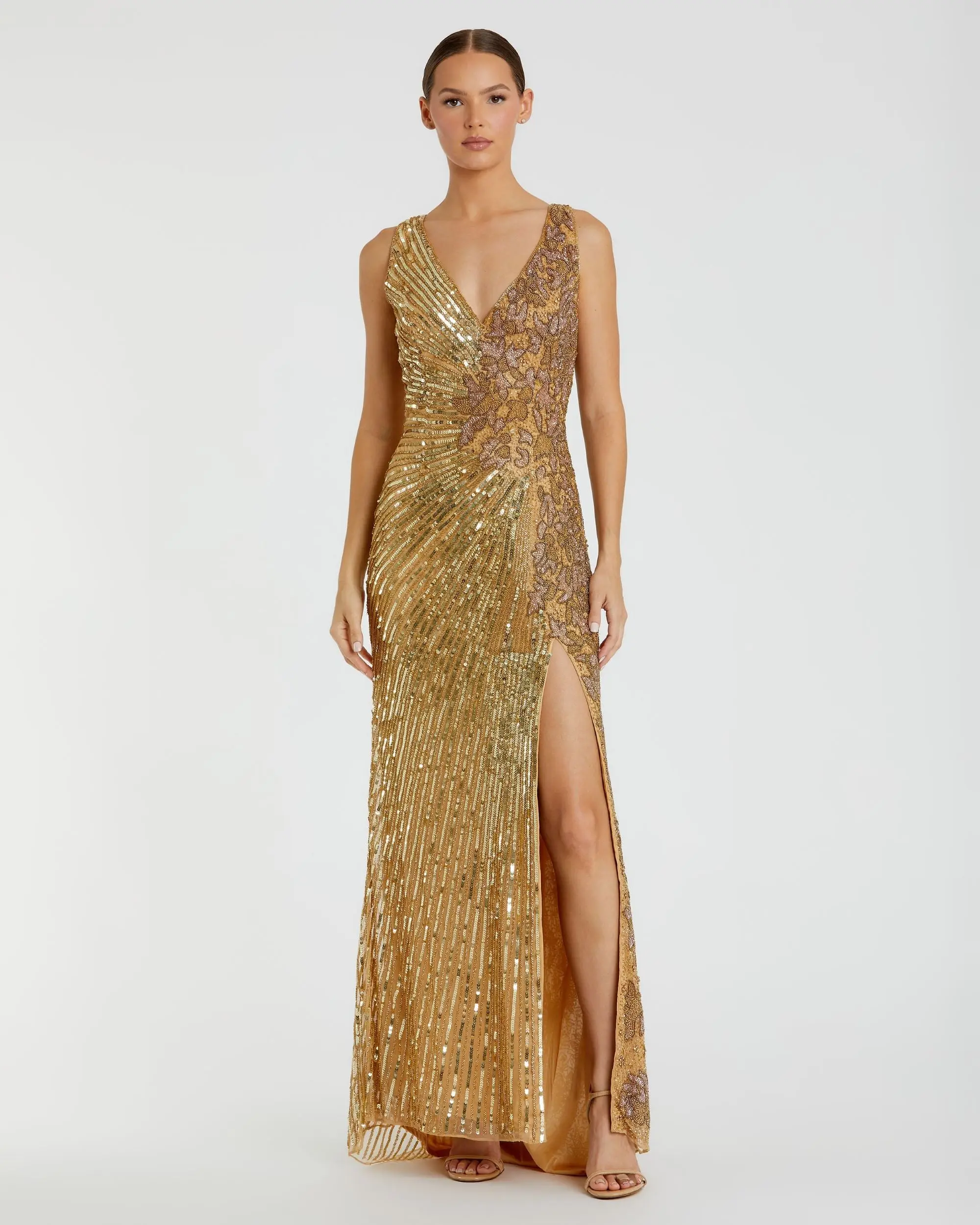 Gold Beaded Floral Sleeveless Gown