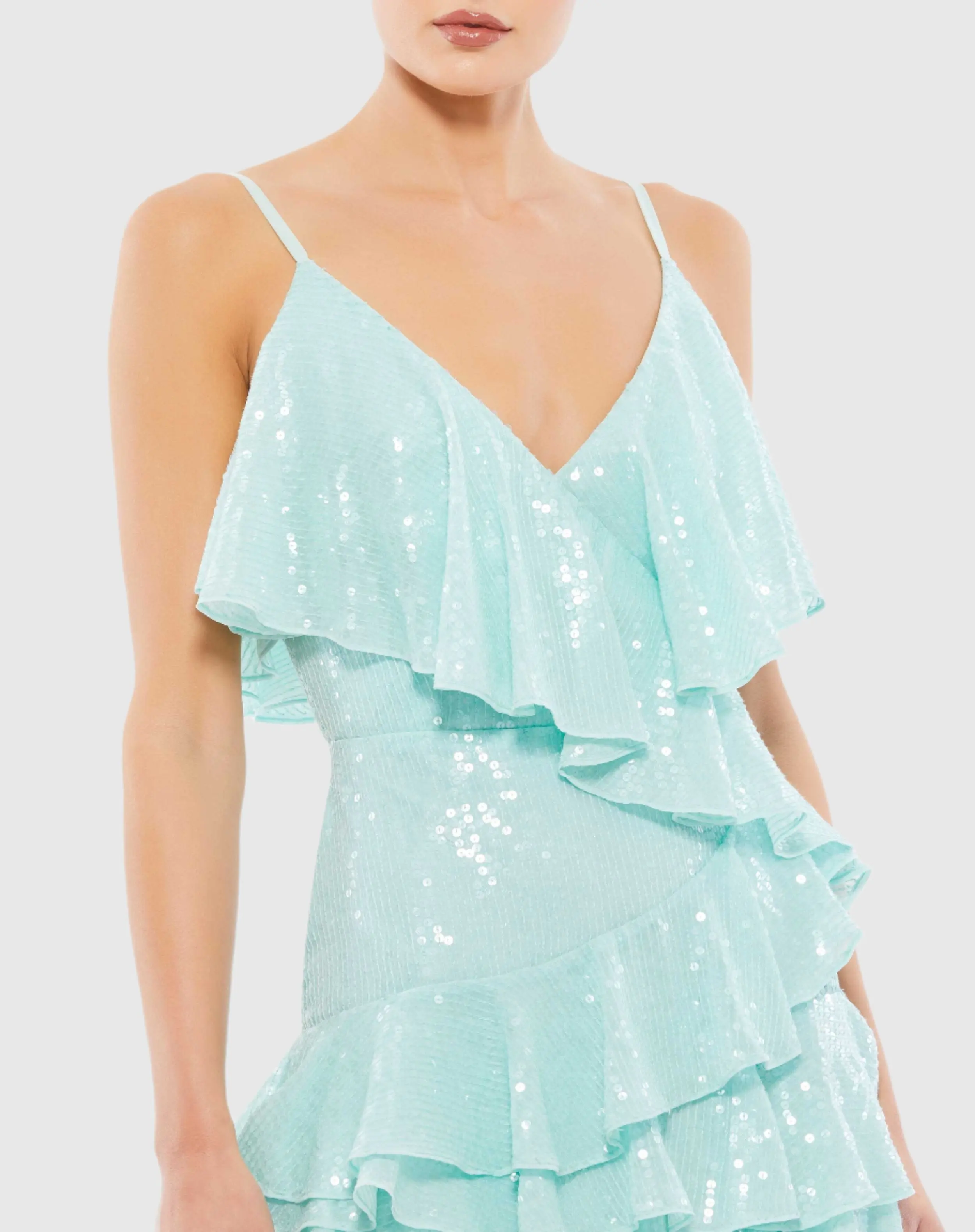 Blue Sequined Ruffle Tiered Faux Wrap Mini Dress - FINAL SALE