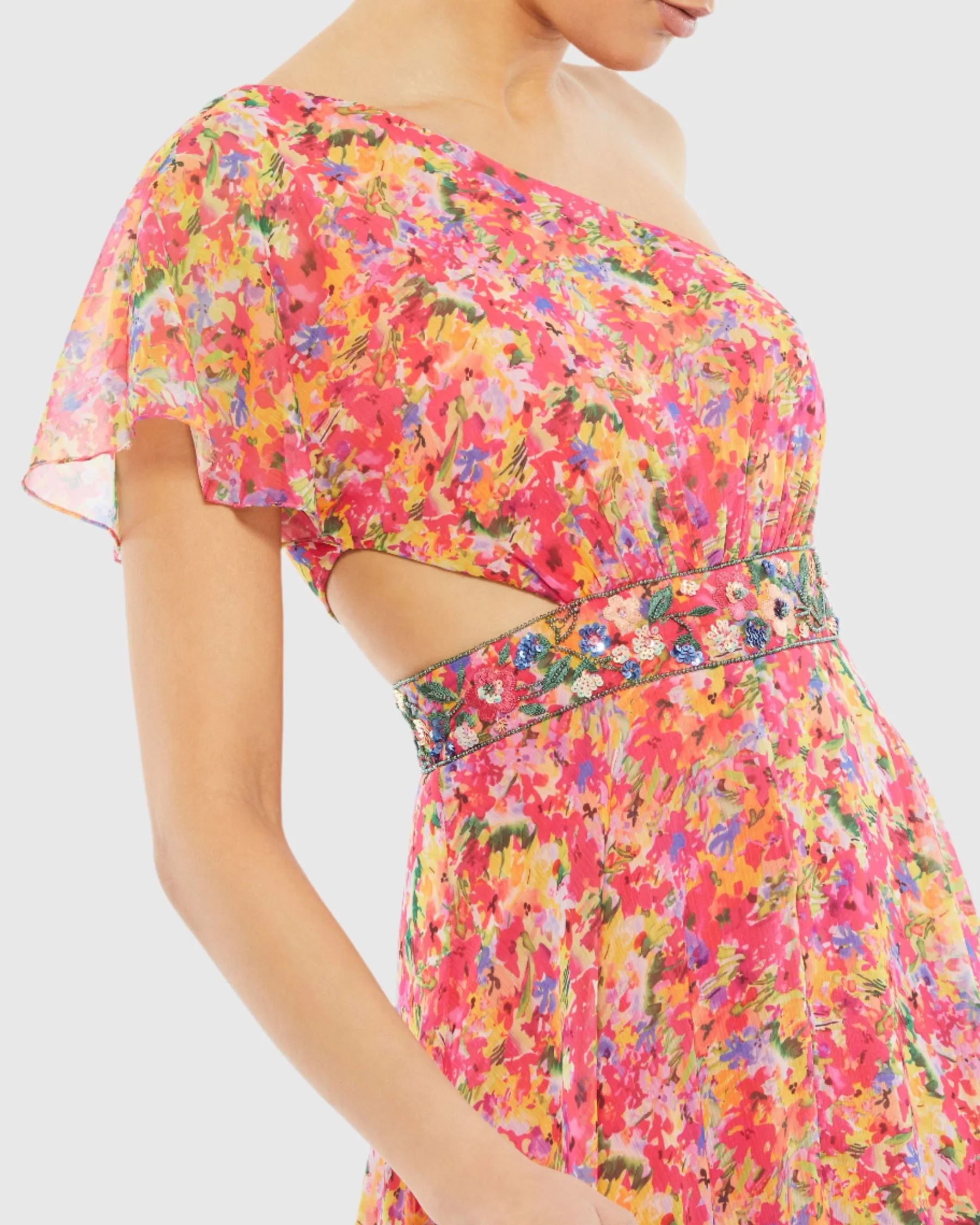 Floral Print One Shoulder Butterfly Sleeve A Line Gown - FINAL SALE