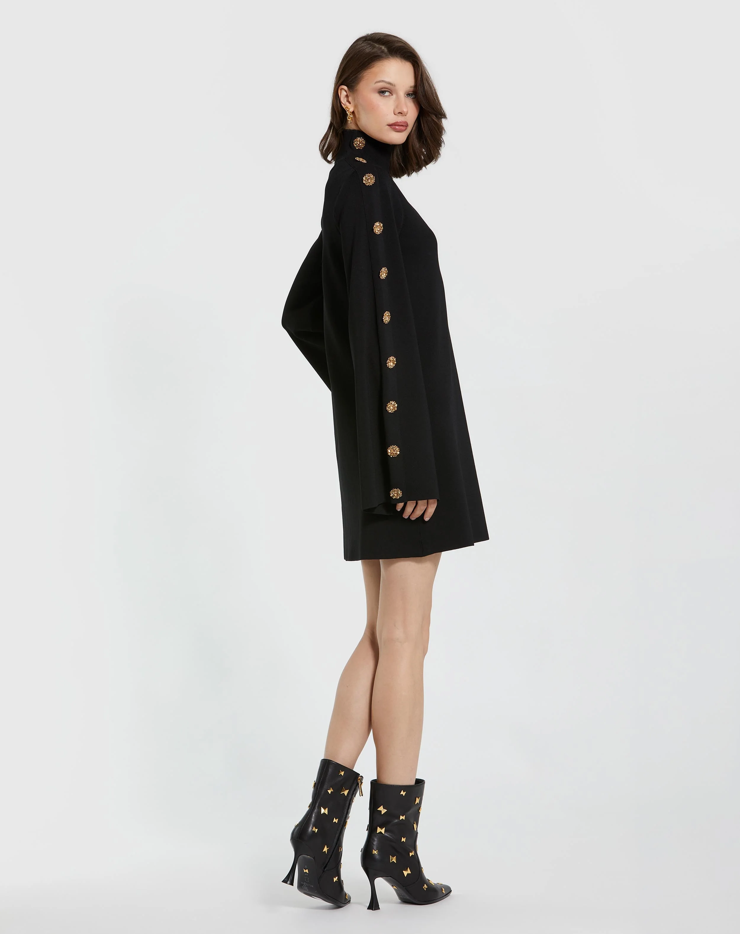 Black Long Sleeve Mini Knit Dress With Sleeve Detail
