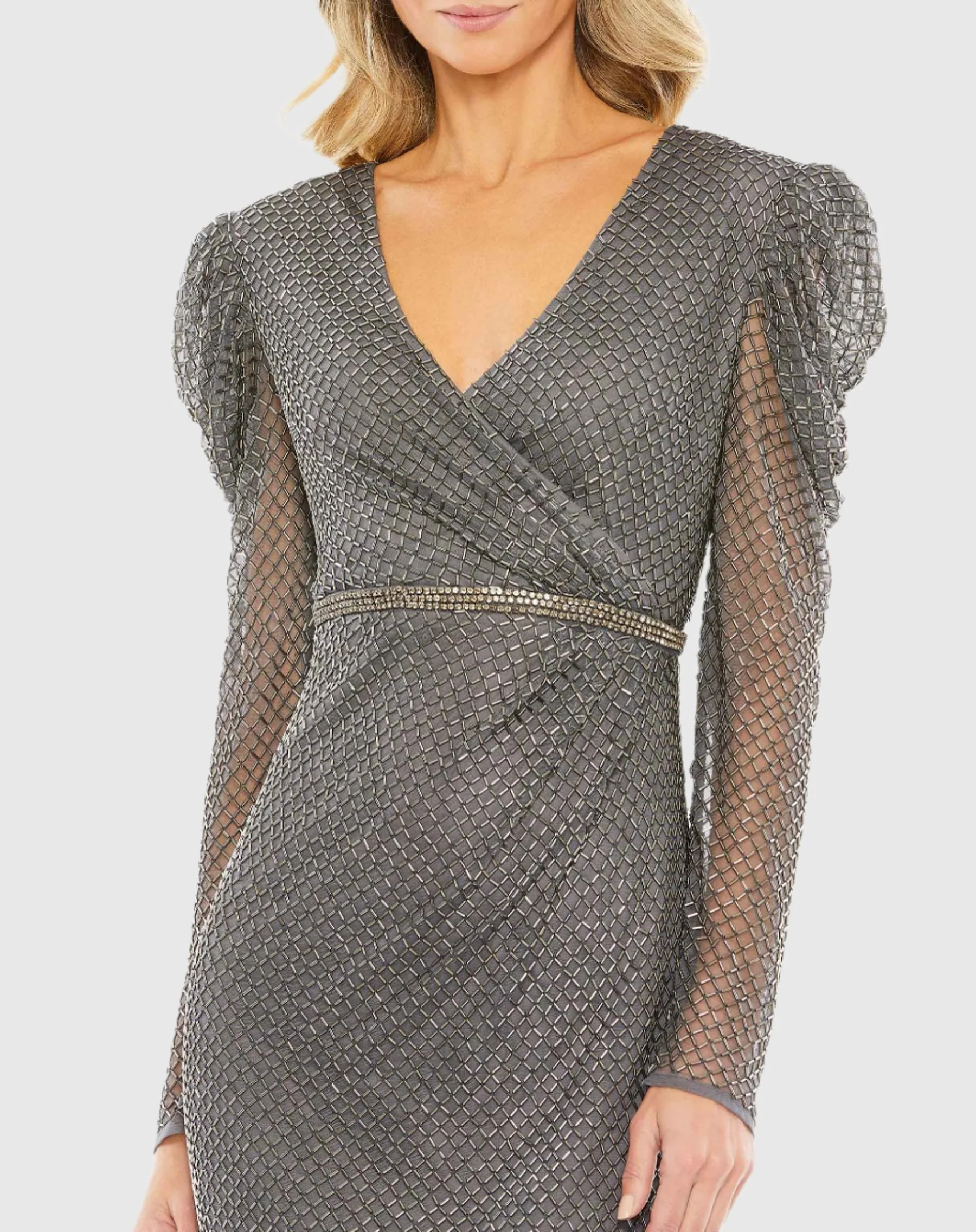 Gray Beaded Wrap Over Puff Sleeve Dress - FINAL SALE