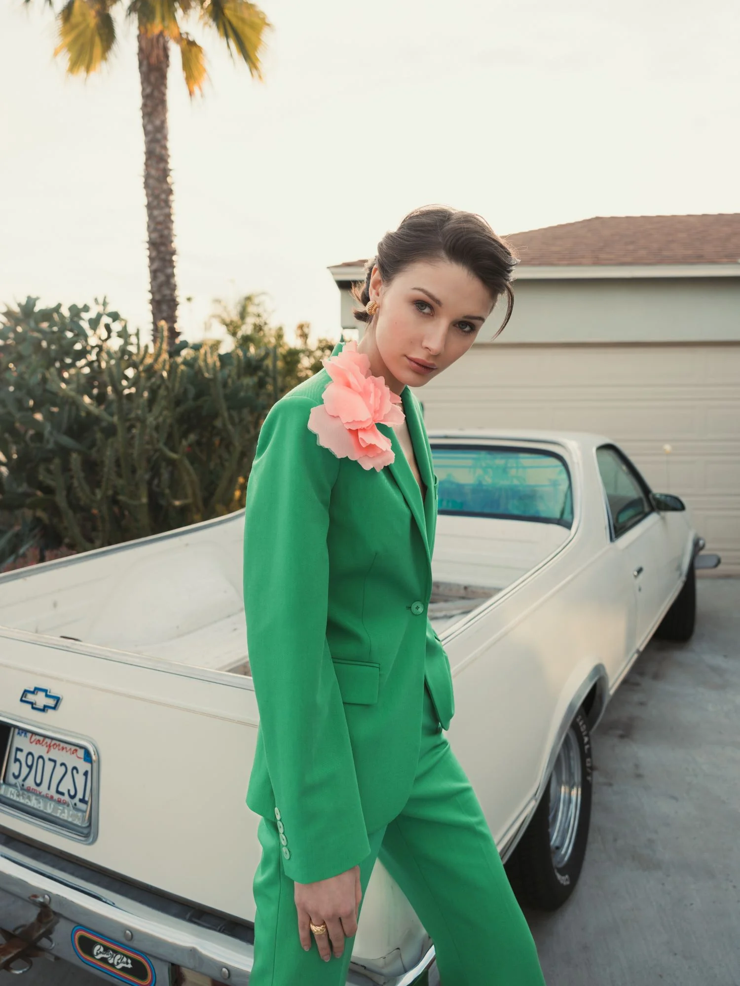 Green Classic Crepe Blazer Jacket With Flower - FINAL SALE