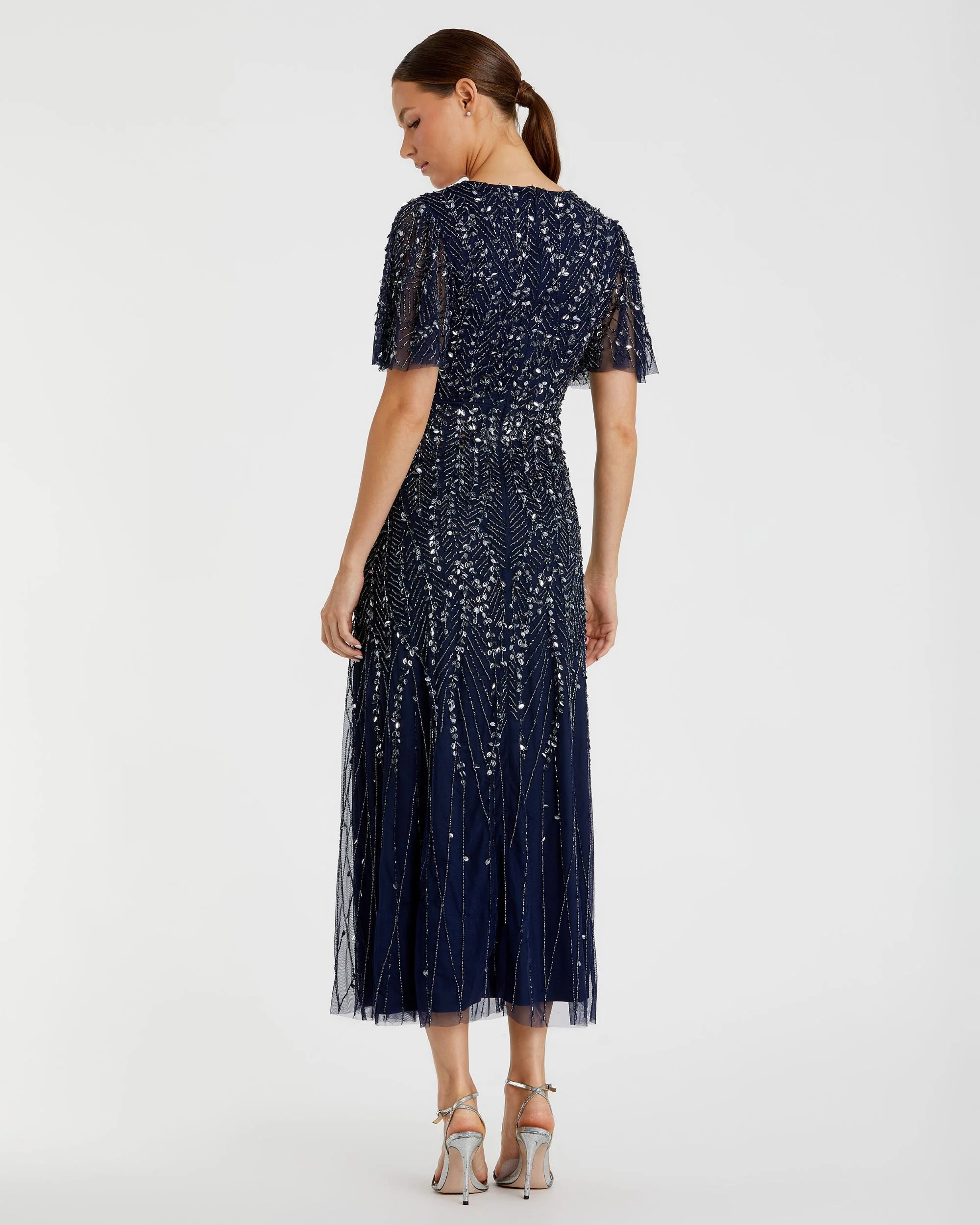 Navy Beaded Wrap Over Butterfly Sleeve Column Dress