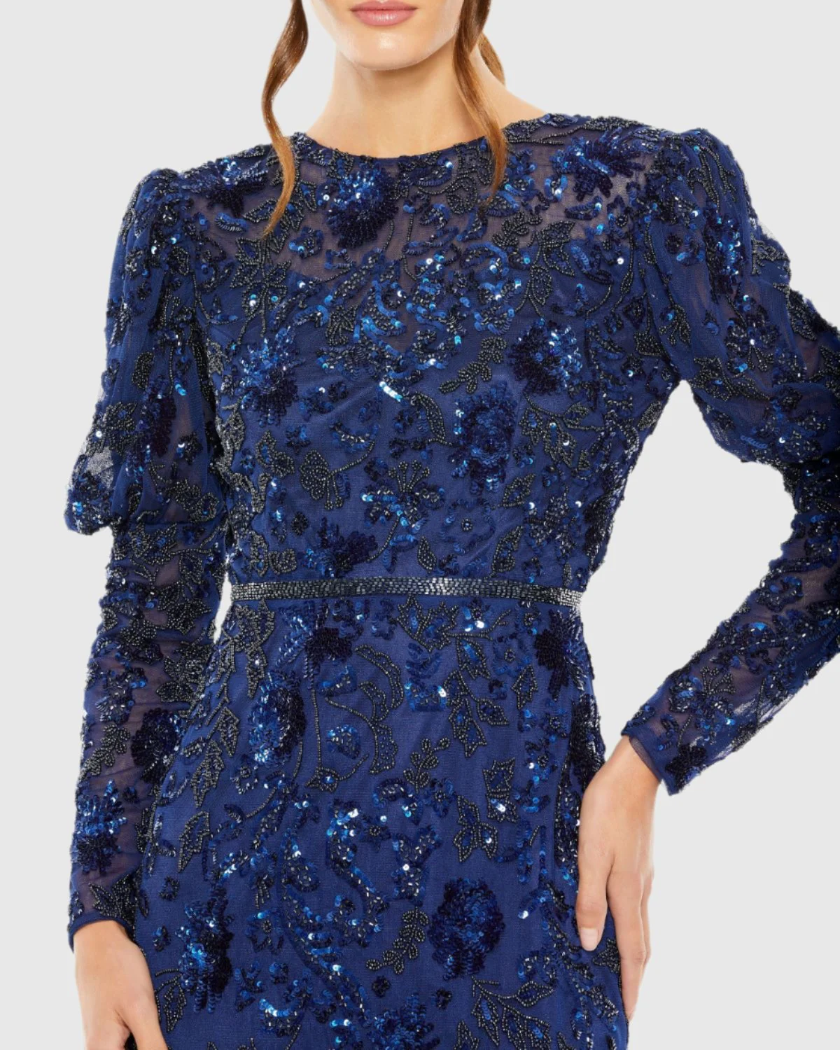 Navy Embellished Puff Sleeve High Neck Dress