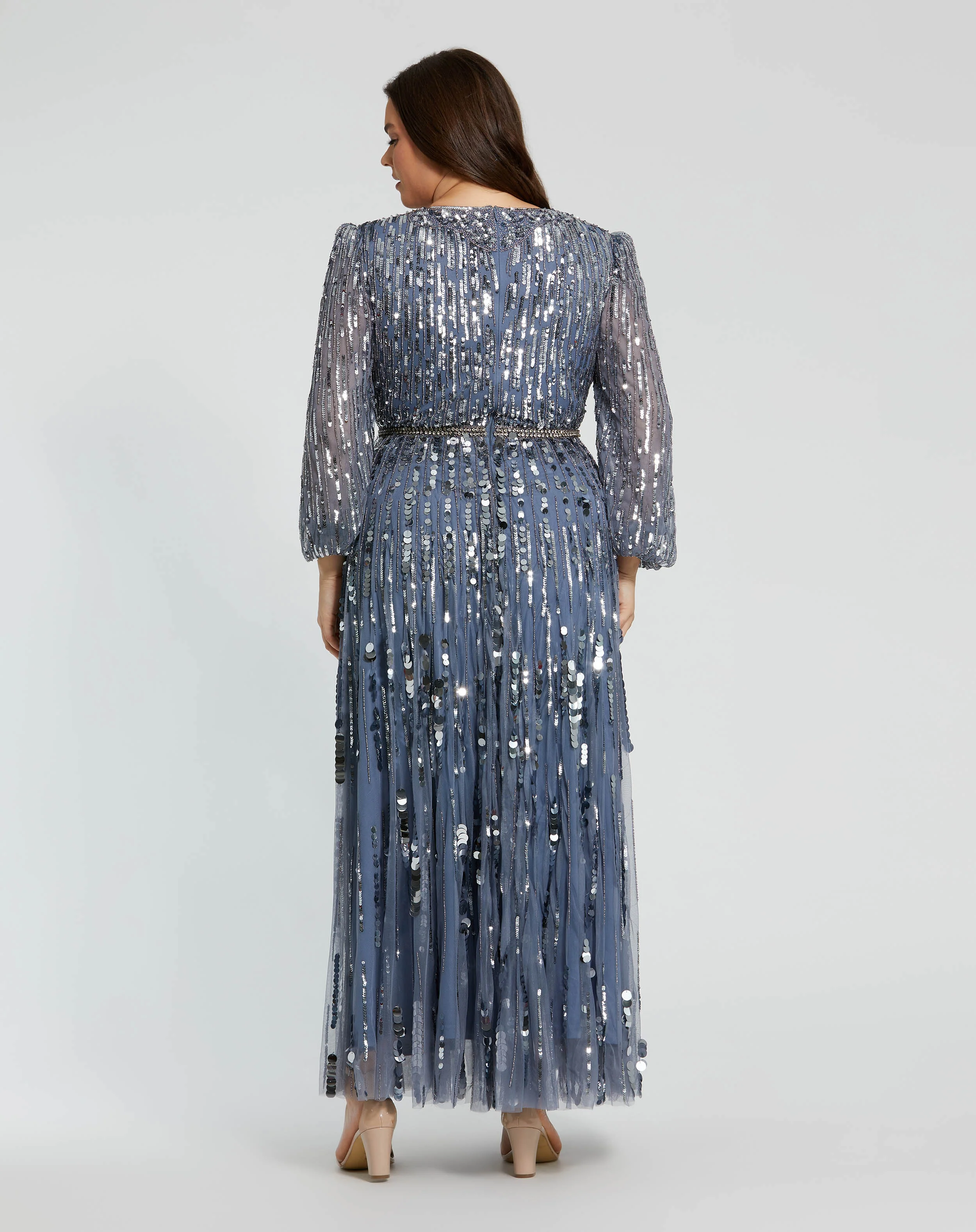Long Sleeve Beaded Crystal V Neck Gown