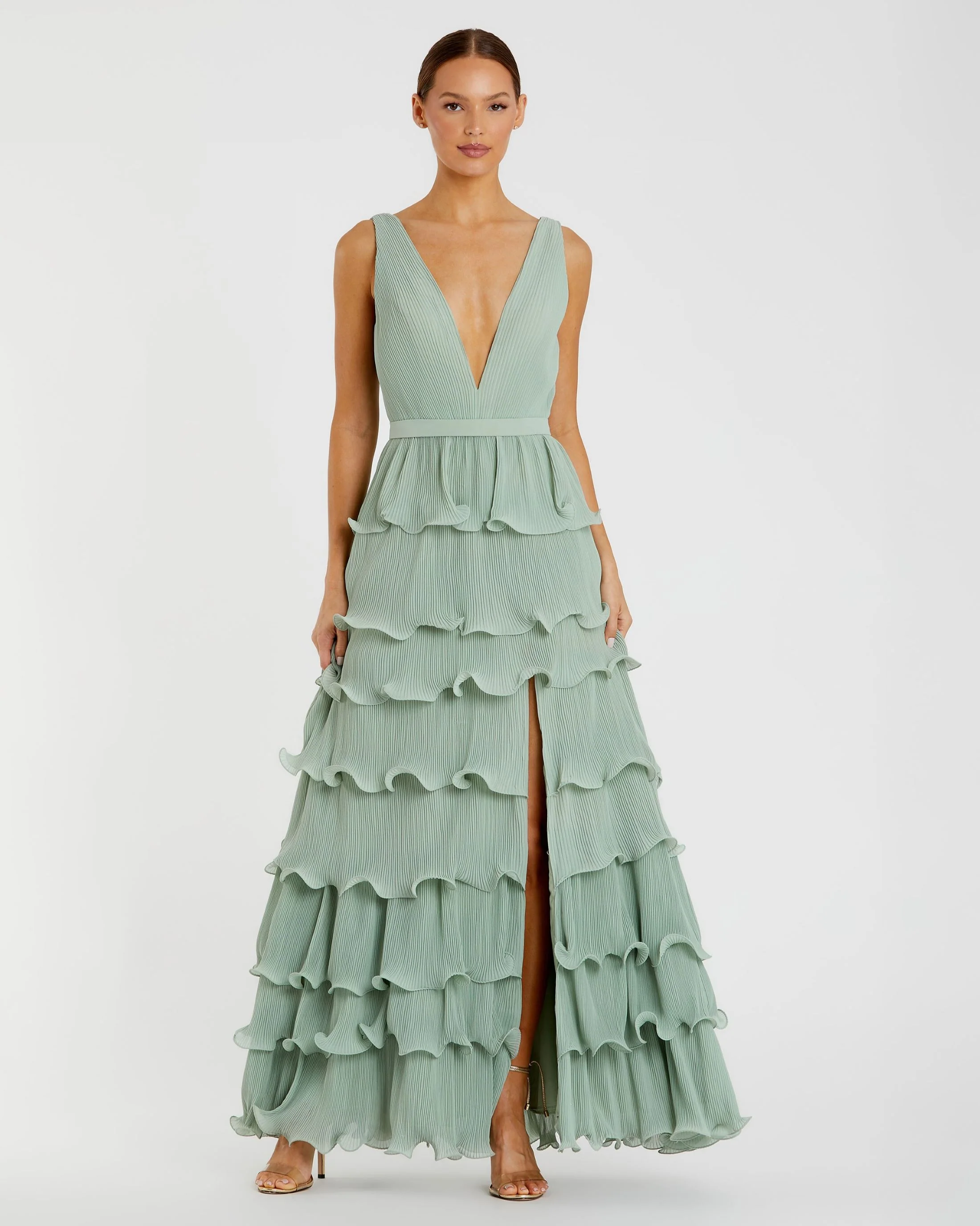 Green Sleeveless Ruffle Tiered V Neck Gown