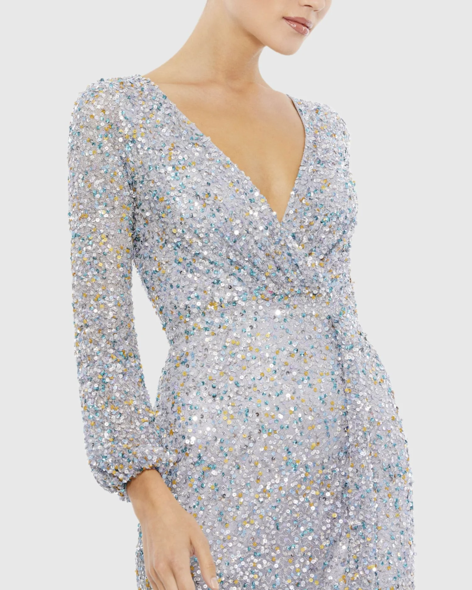 Silver Multi-Colored Sequin Long Sleeve Gown
