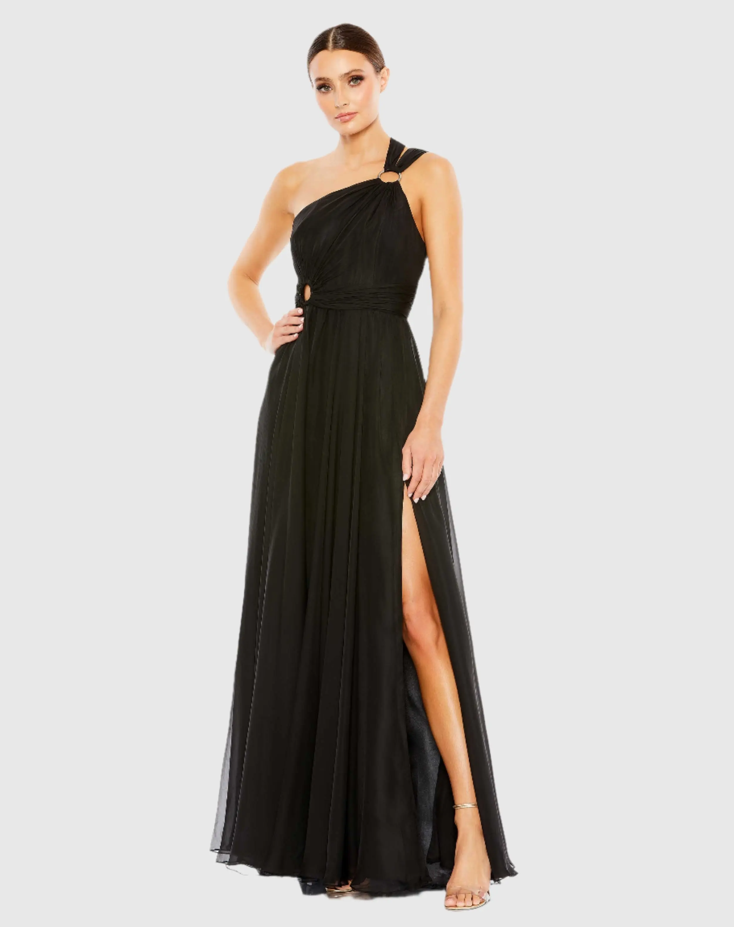 Black Strappy One Shoulder A Line Gown
