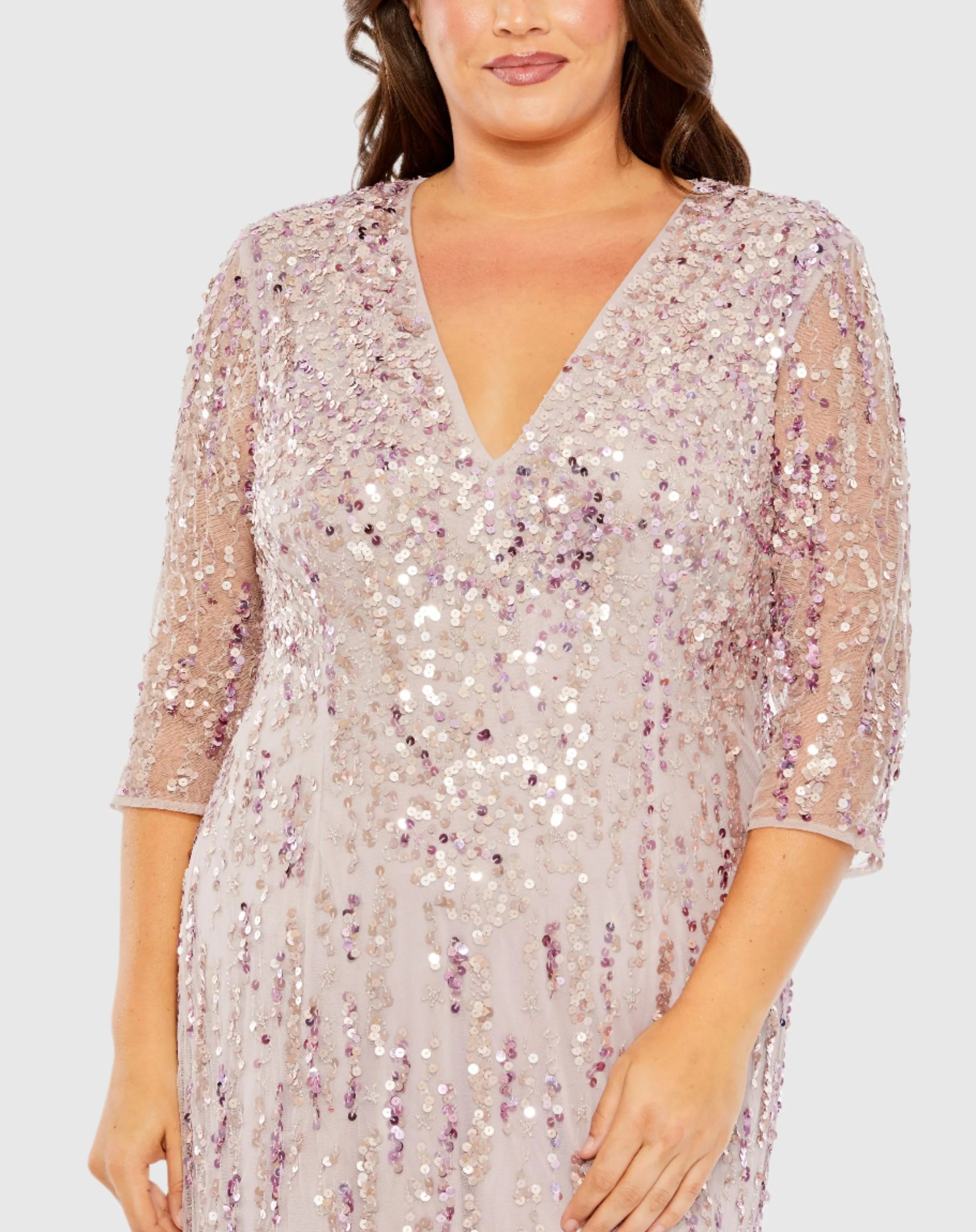 Purple Mid Length Mesh Sleeve V Neck Embellished Gown