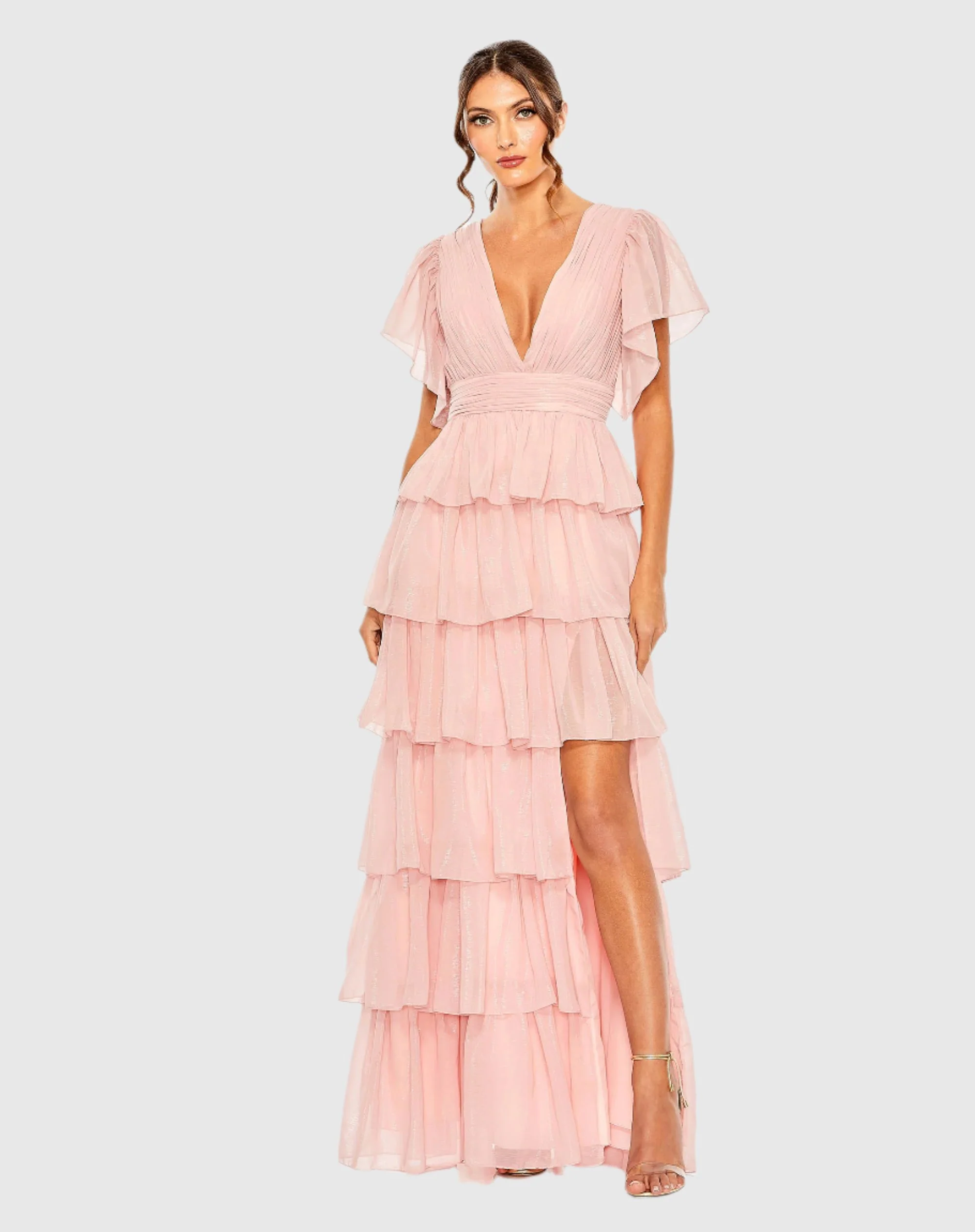 Pink Flutter Sleeve Ruffle Tiered Gown