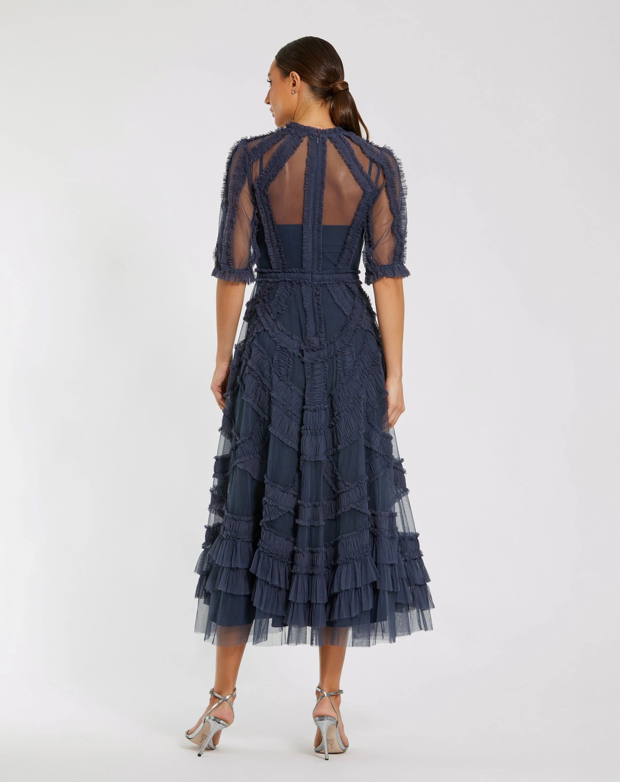 Dark Blue High Neck Micro Ruffle Tiered Midi Dress