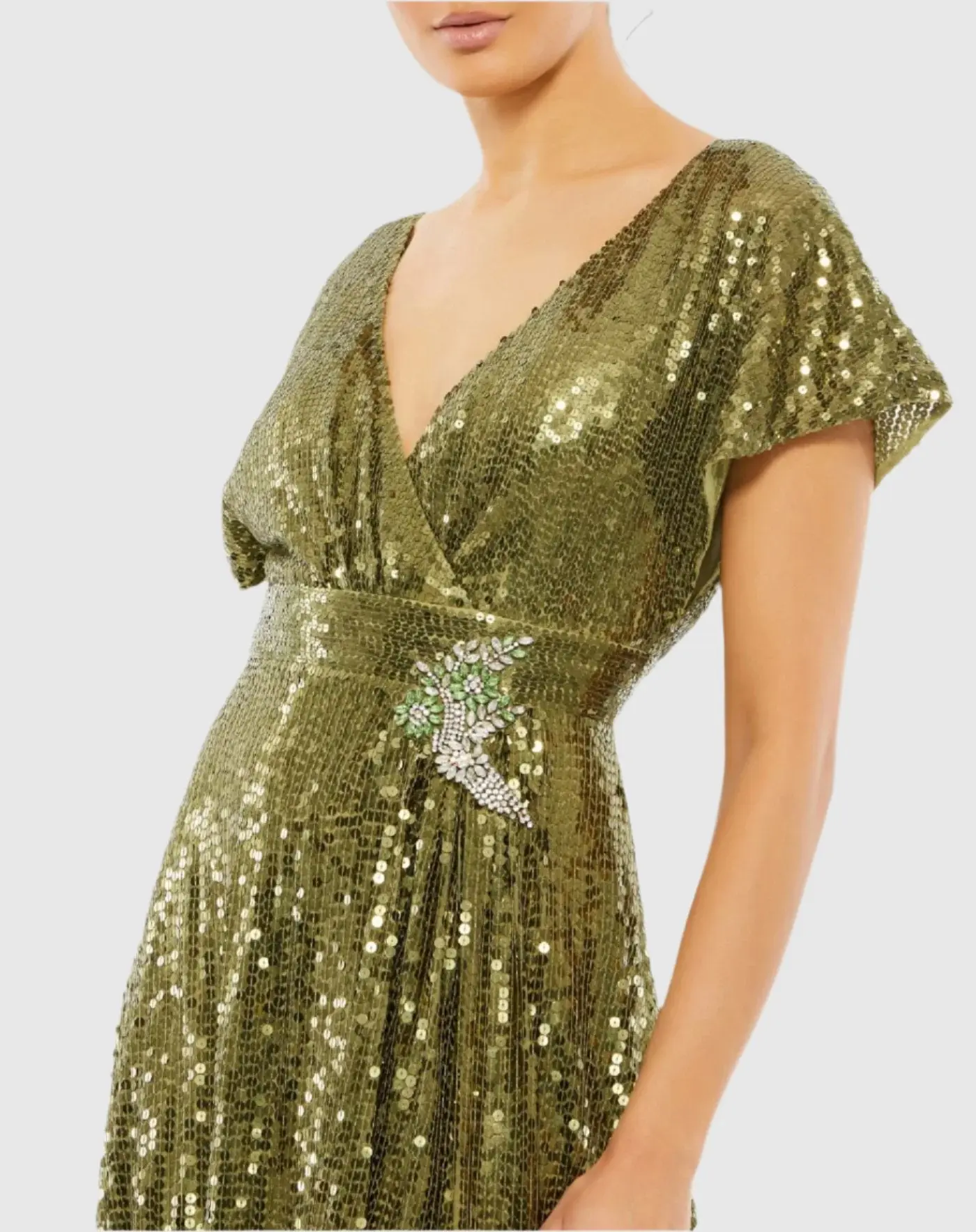 Green Sequined Butterfly Sleeve Wrap Over A Line Gown - FINAL SALE