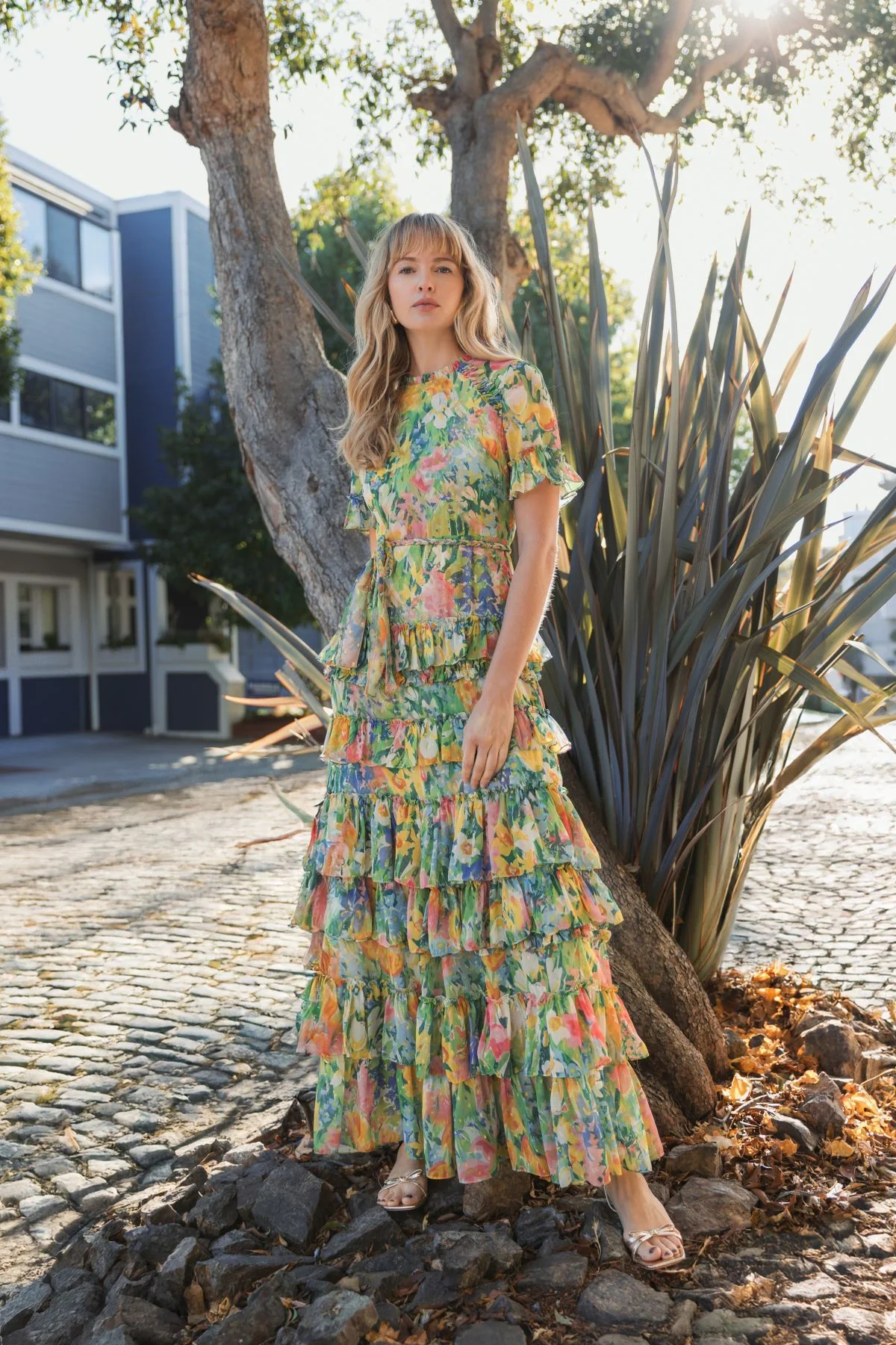 Green Floral Printed Chiffon Tiered Ruffle Dress