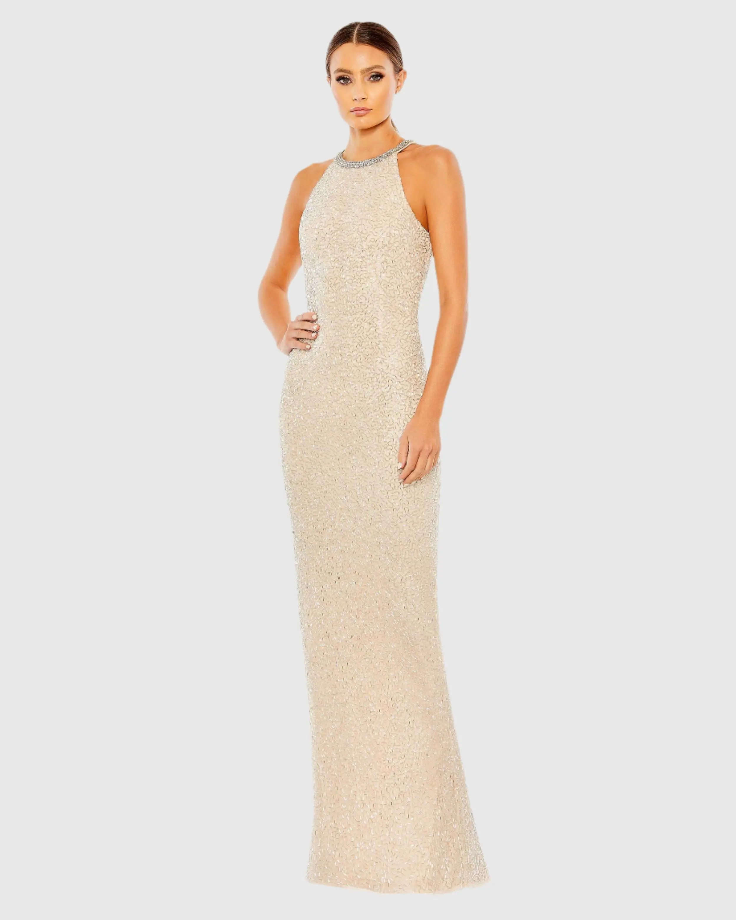 Beige Beaded Sleeveless High Neck Column Gown