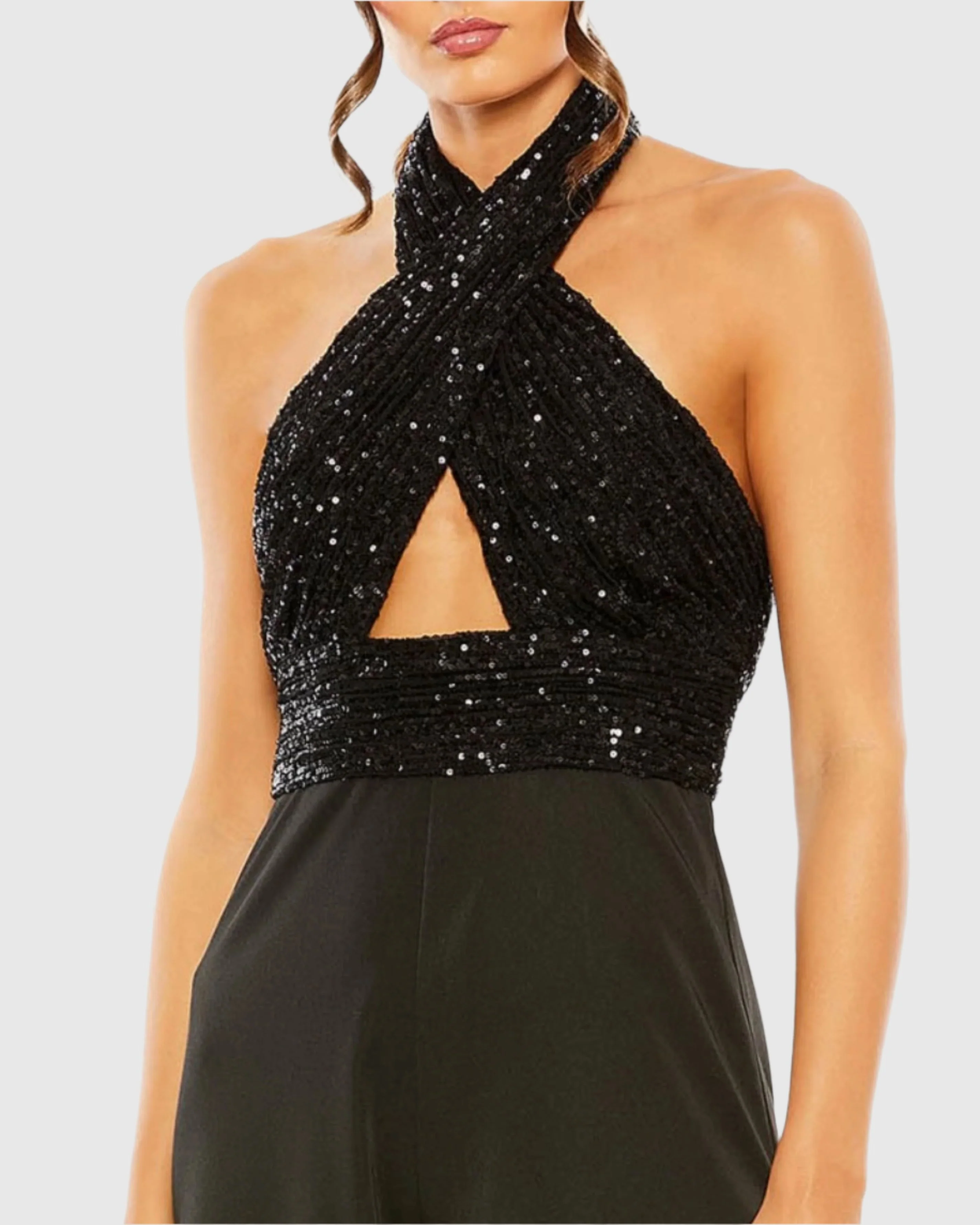 Black Sequined Cross Neck Halter Jumpsuit