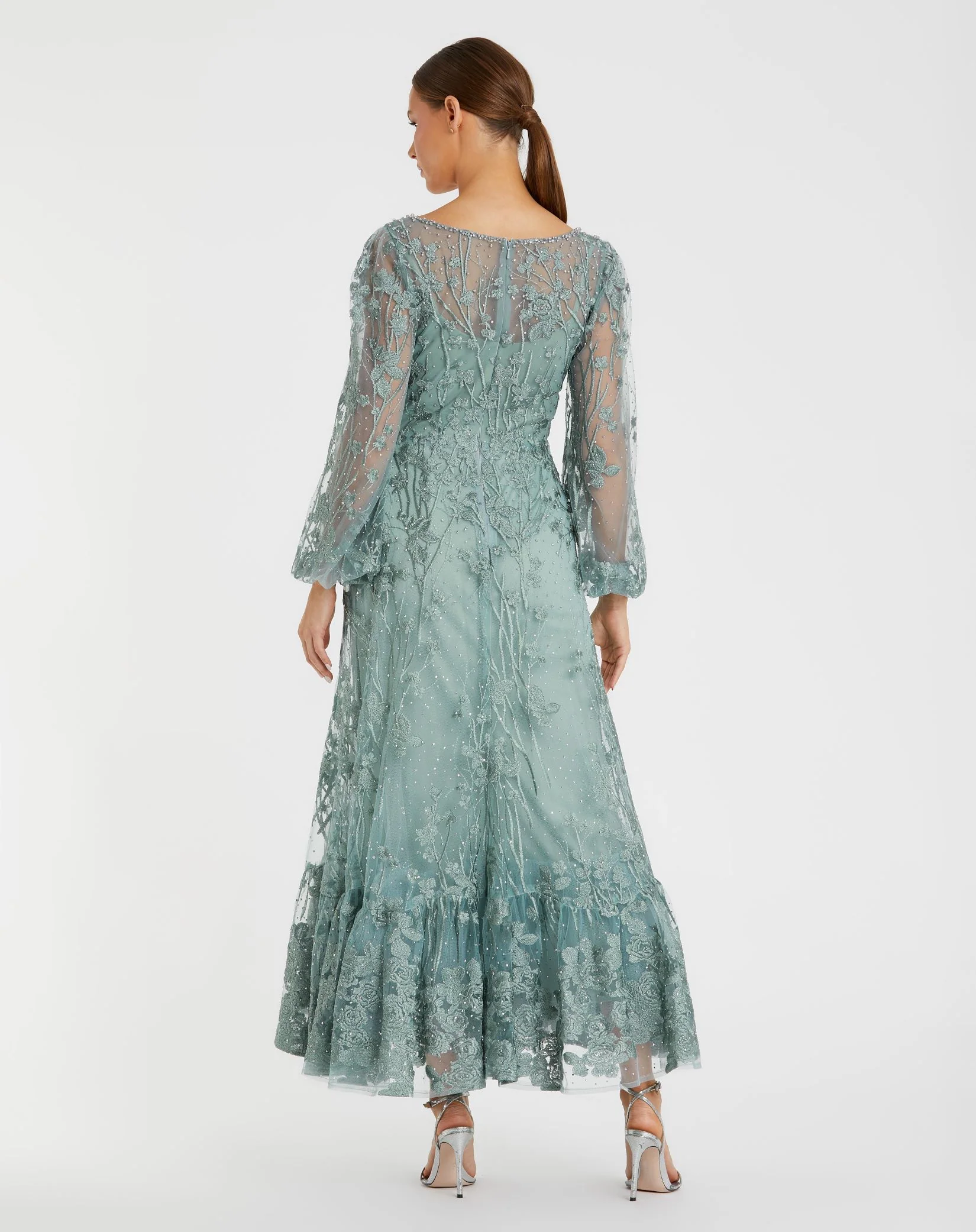 Green V-Neck Mesh Puff Sleeve A Line Embellished Tea Length Dress