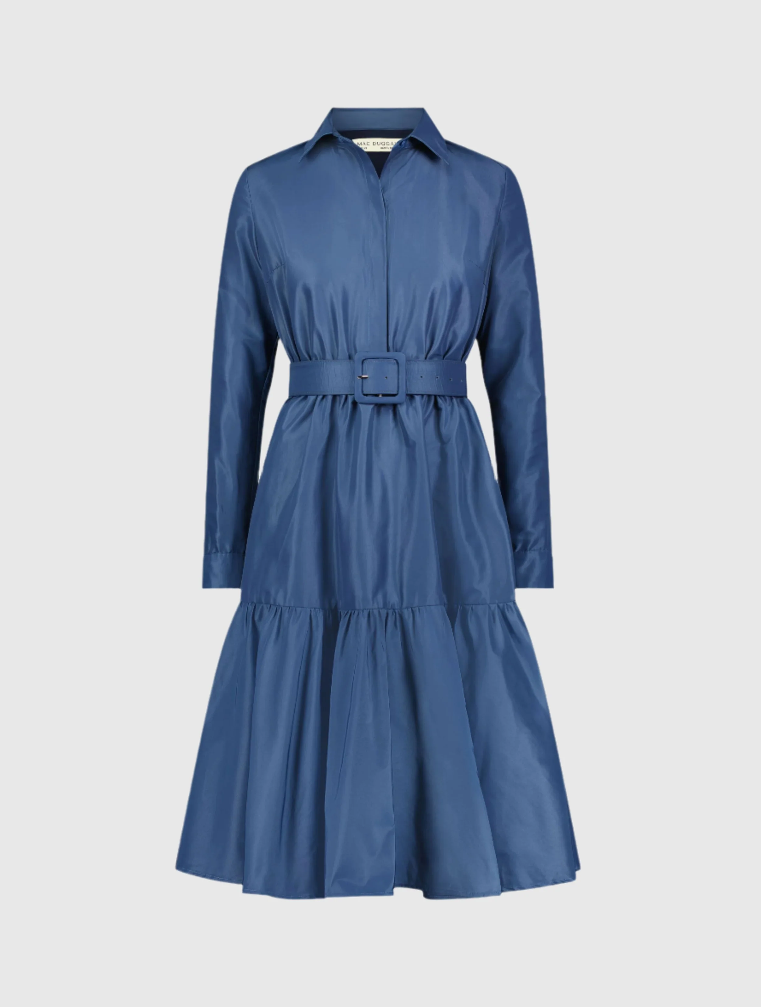 Blue Faille Long Sleeve Collared Midi Dress With Belt