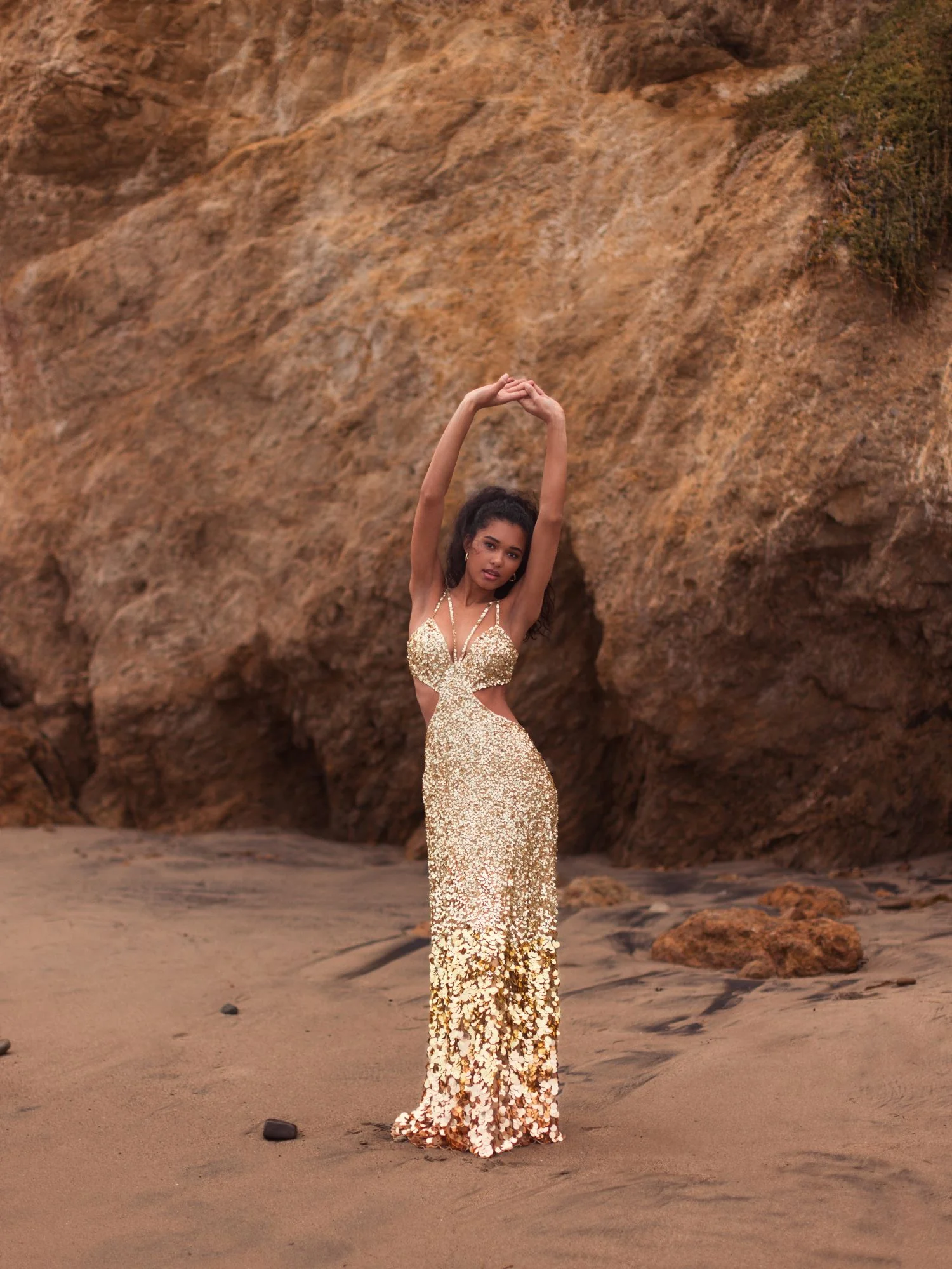 Gold Thin Strap Cut Out Gown With Ombre Sequins