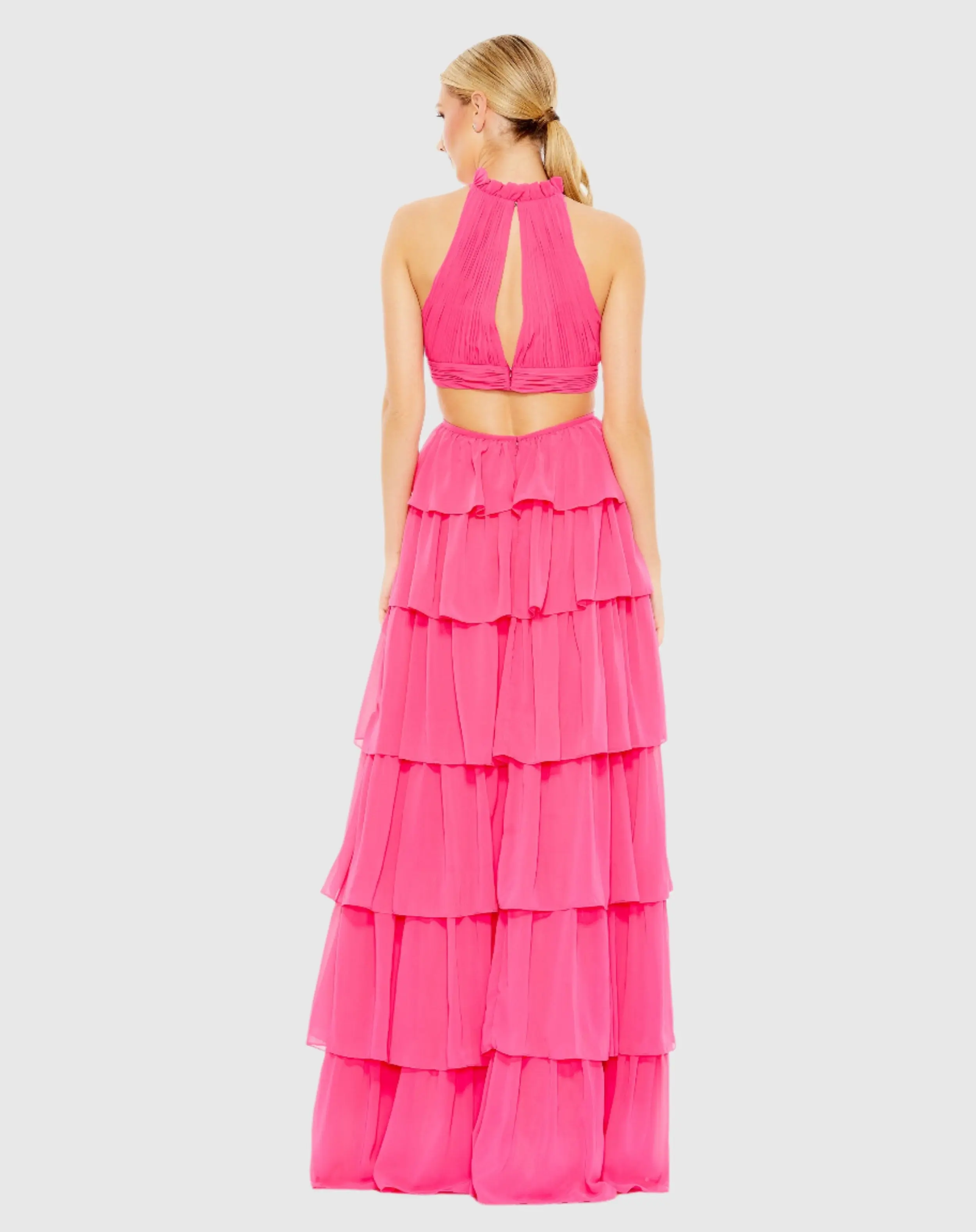 Tiered Ruffle Pleated High Neck Gown