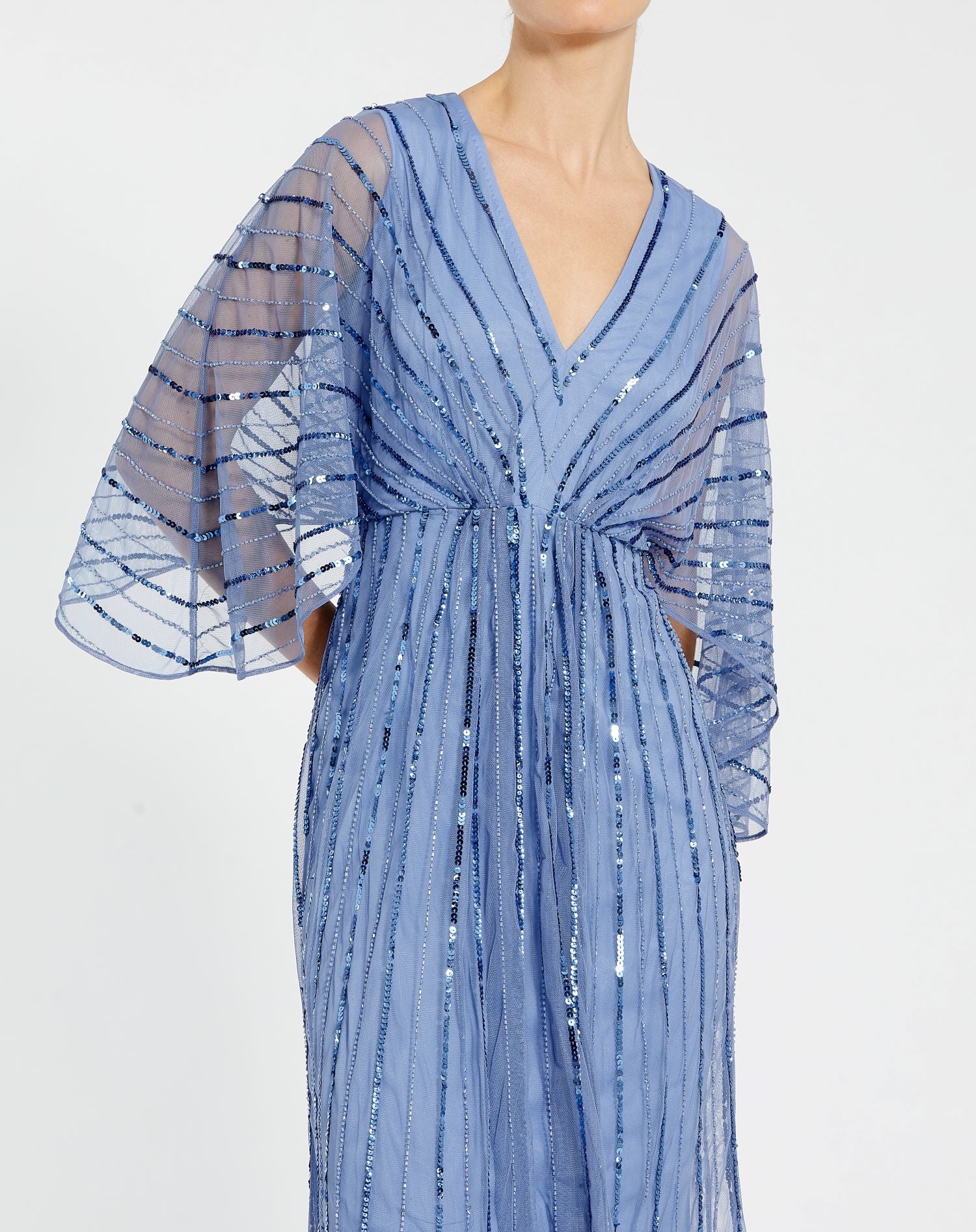 Beaded Striping Kimono Sleeve V Neck Dress