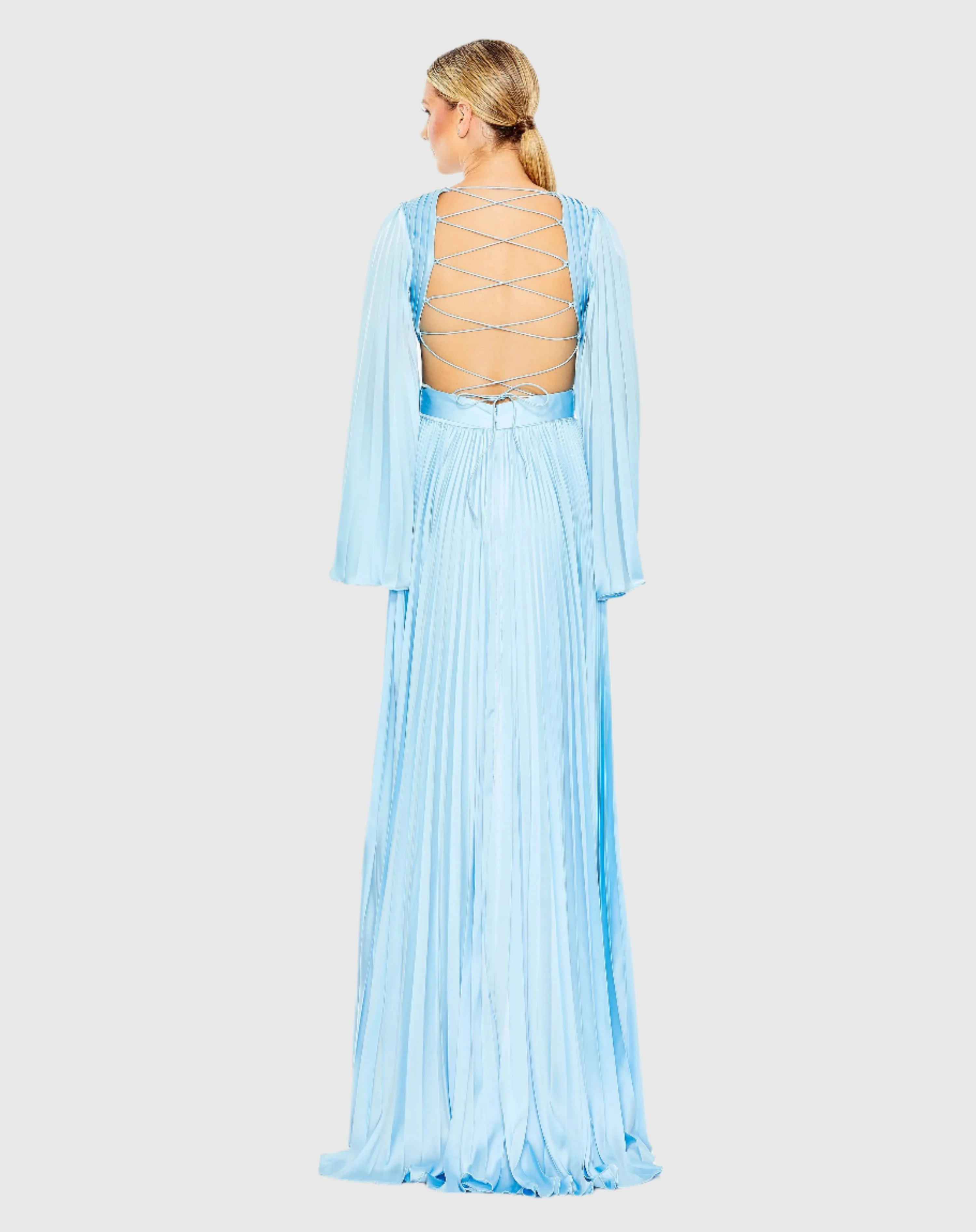 Long Sleeve Lace up Back Charmeuse Gown