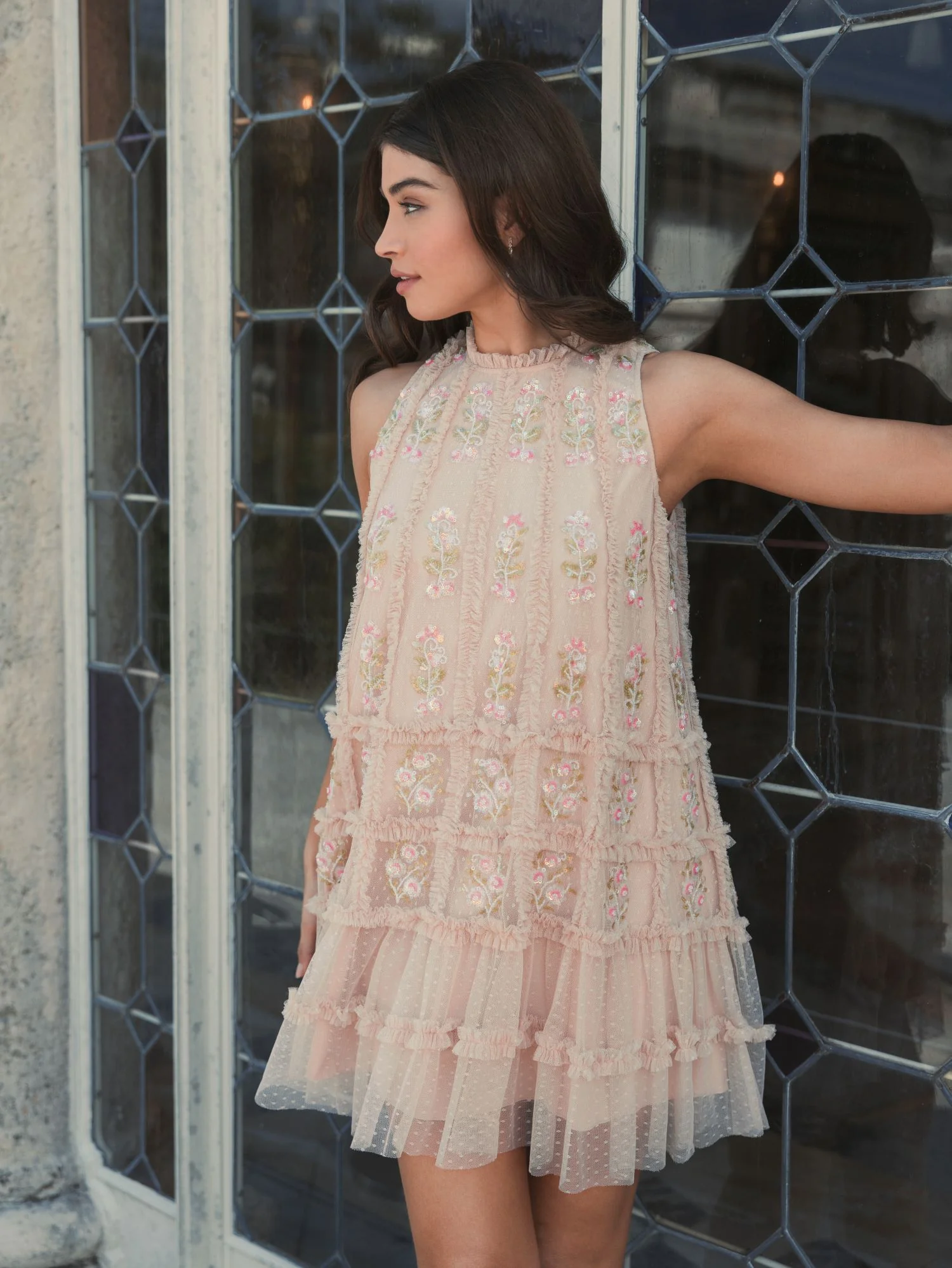 Beige Sleeveless High Neck Beaded Ruffle Detail Dress