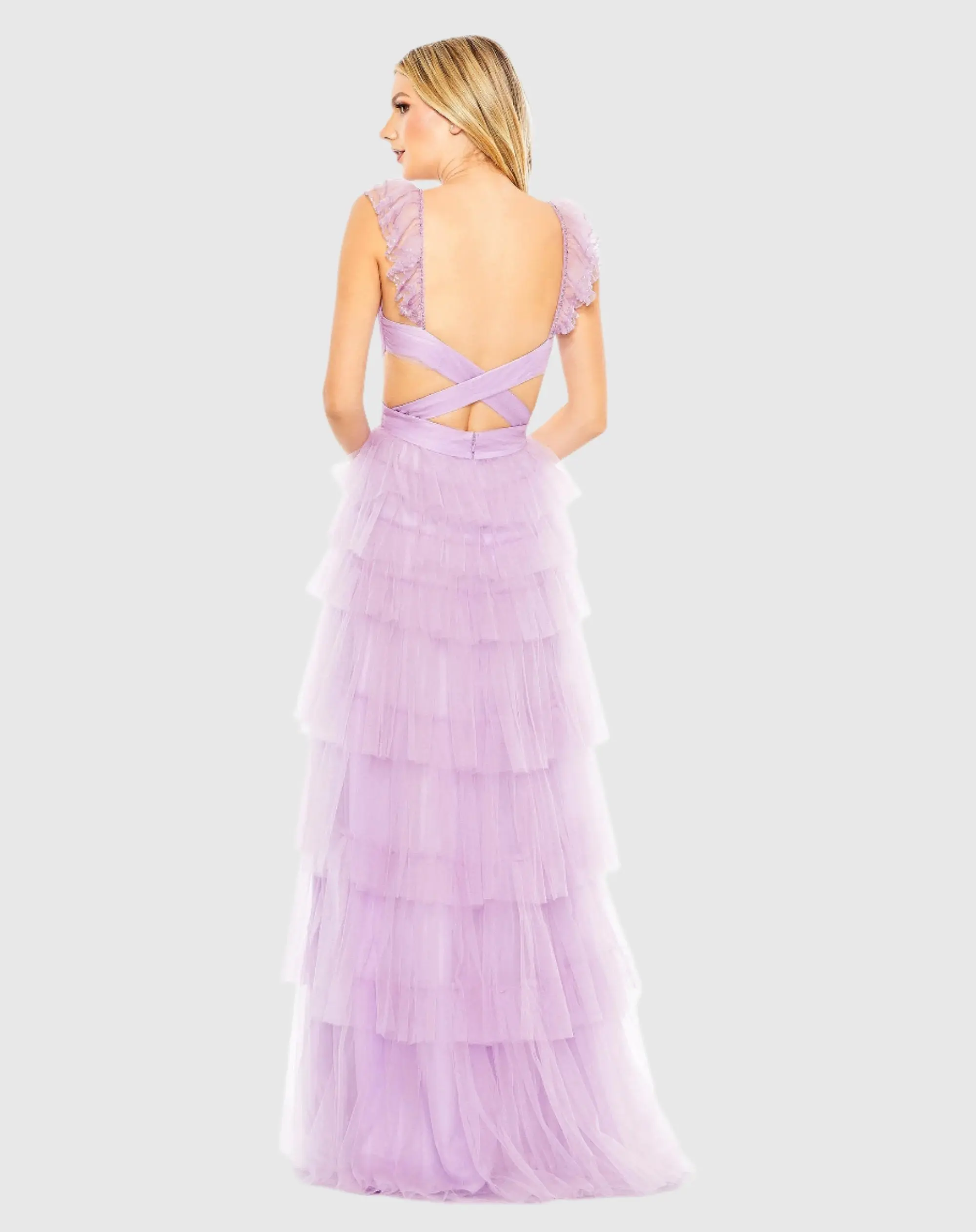 Purple Ruffle Tiered Tulle Cut Out Gown