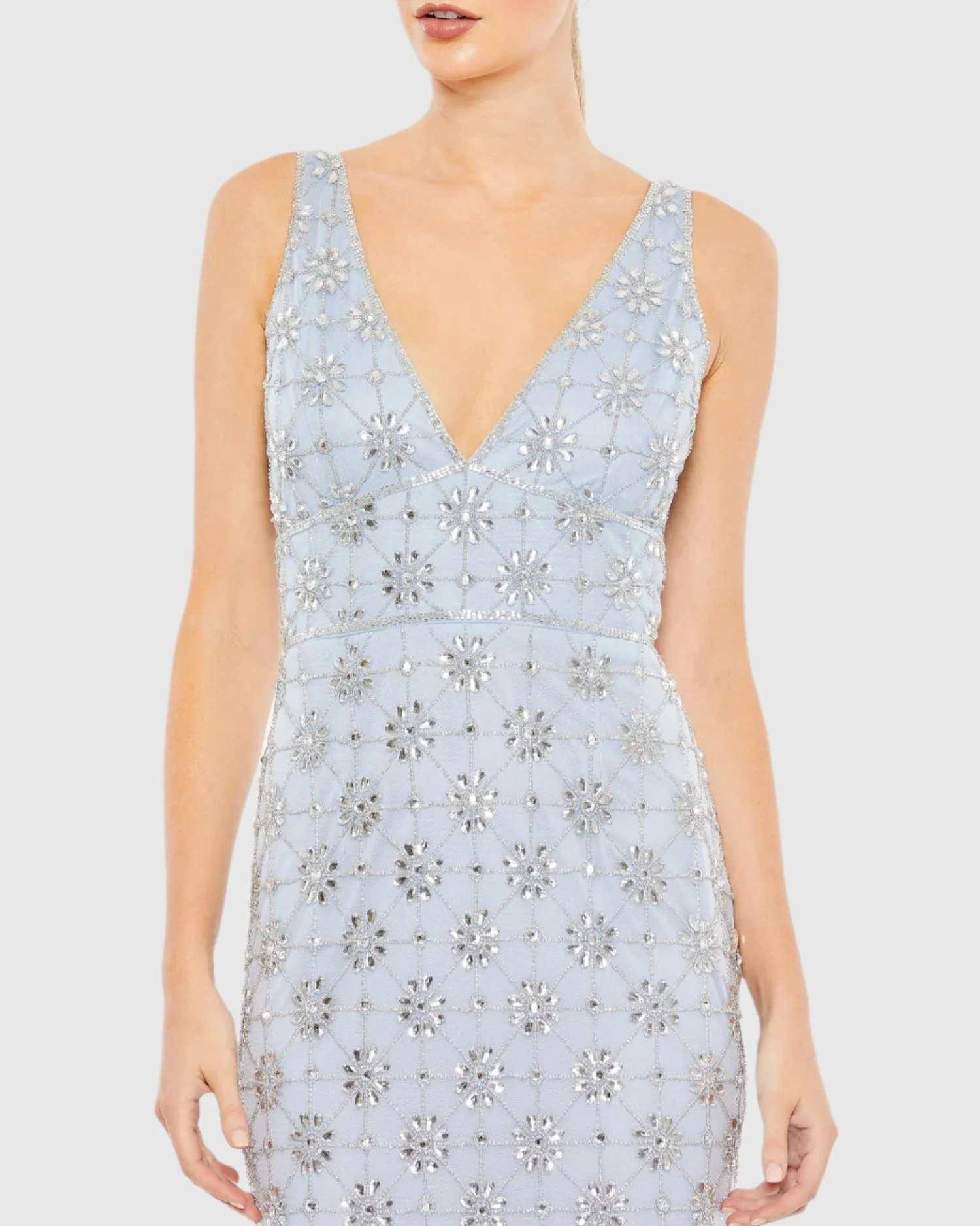 Blue Embellished Mesh V Neck Sleeveless Gown