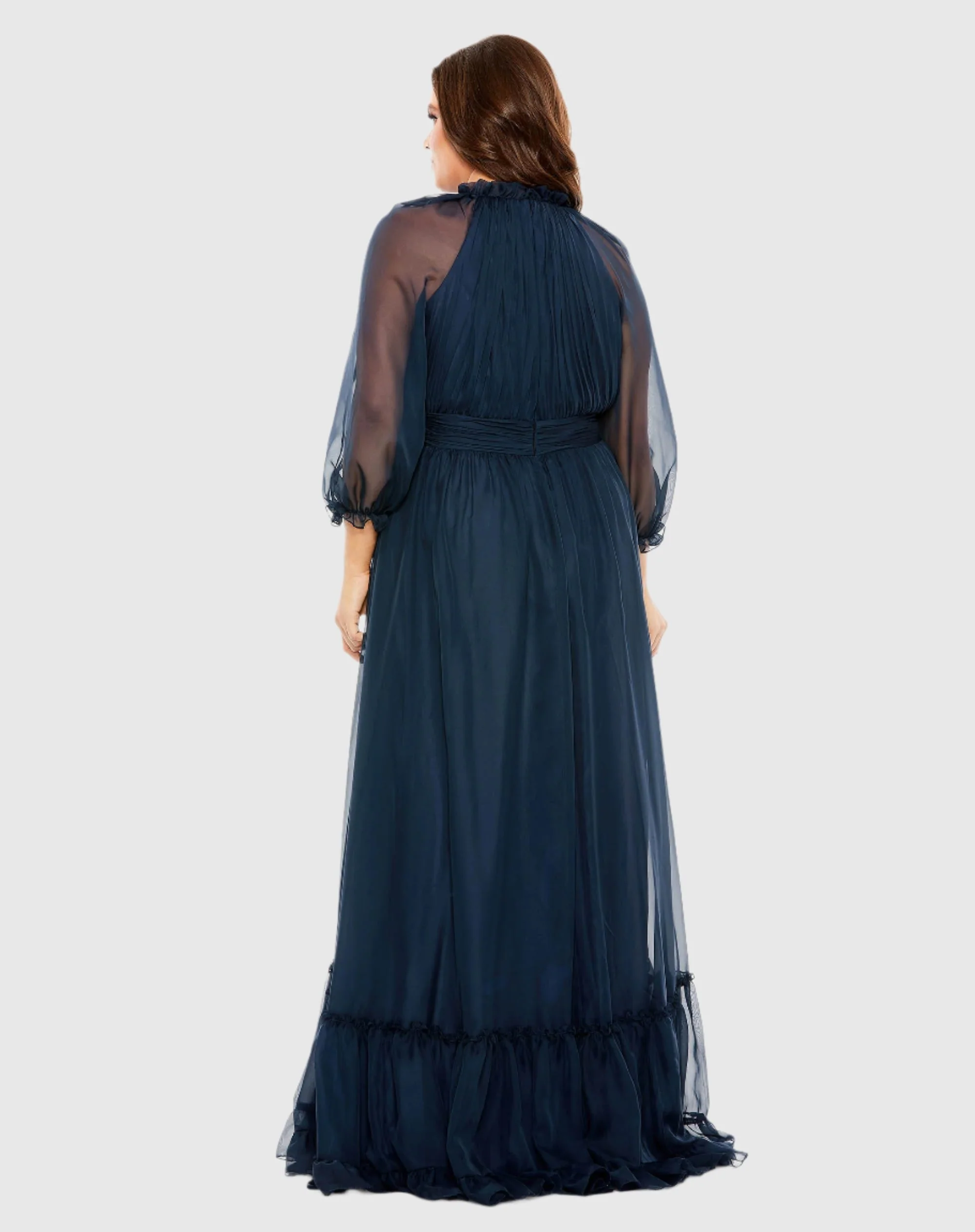 Blue High Neck Puff Sleeve Tiered A Line Gown