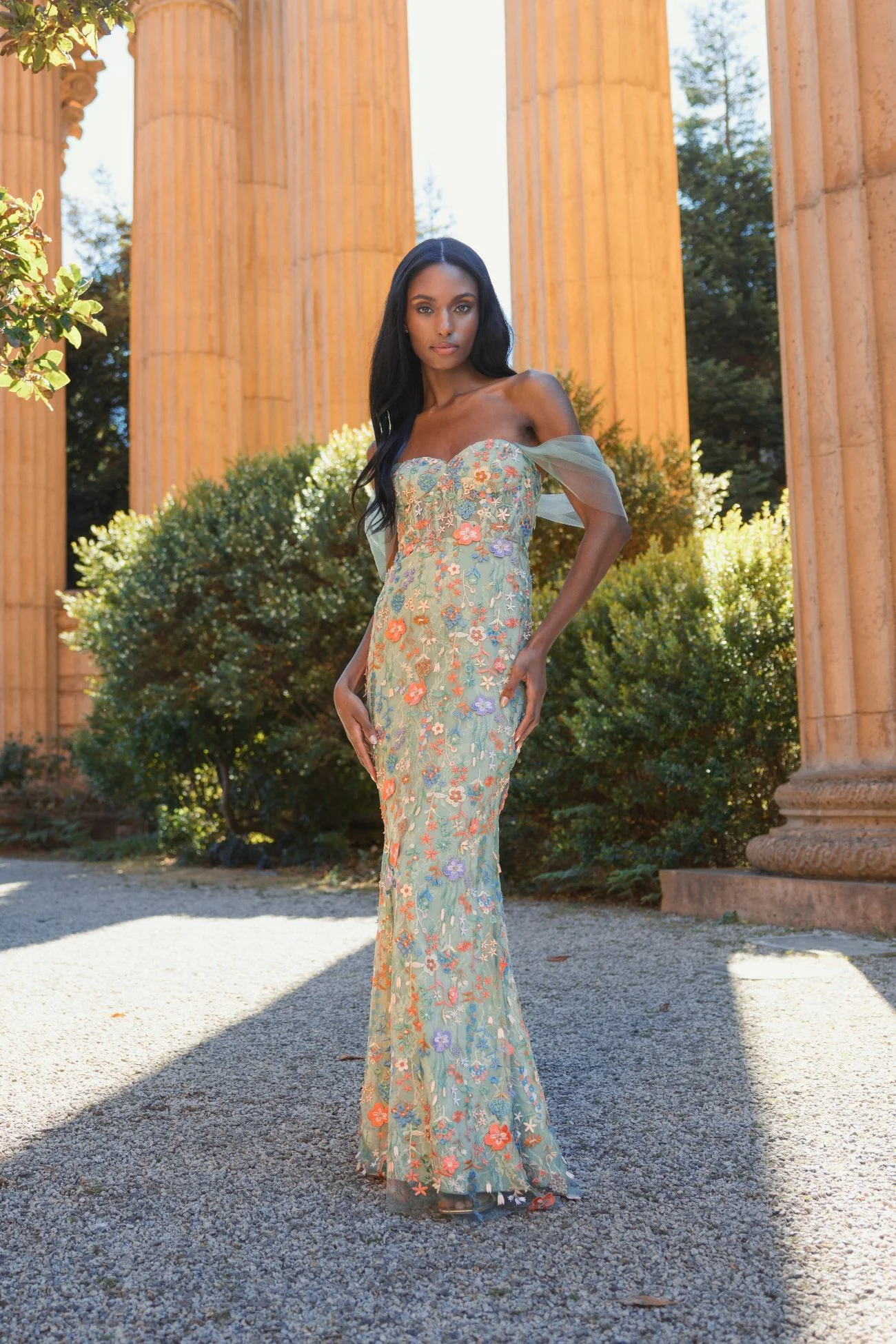 Green Off The Shoulder Bustier Embroidered Net Gown