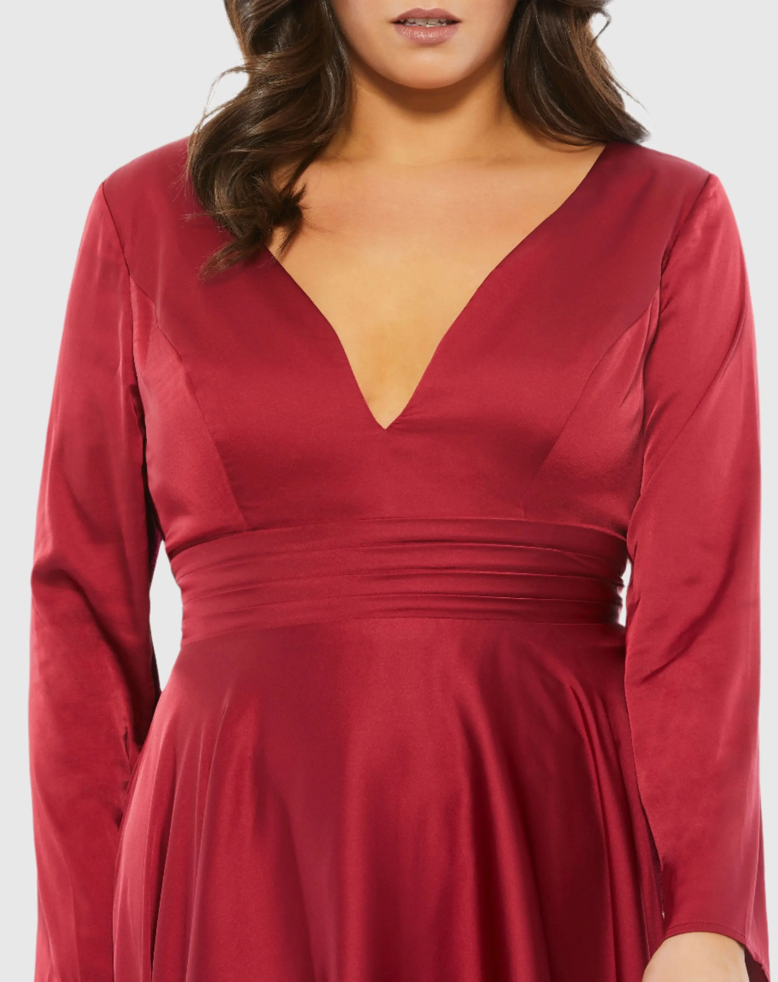 Satin Long Sleeve Sweetheart Flowy Midi Dress (Plus)