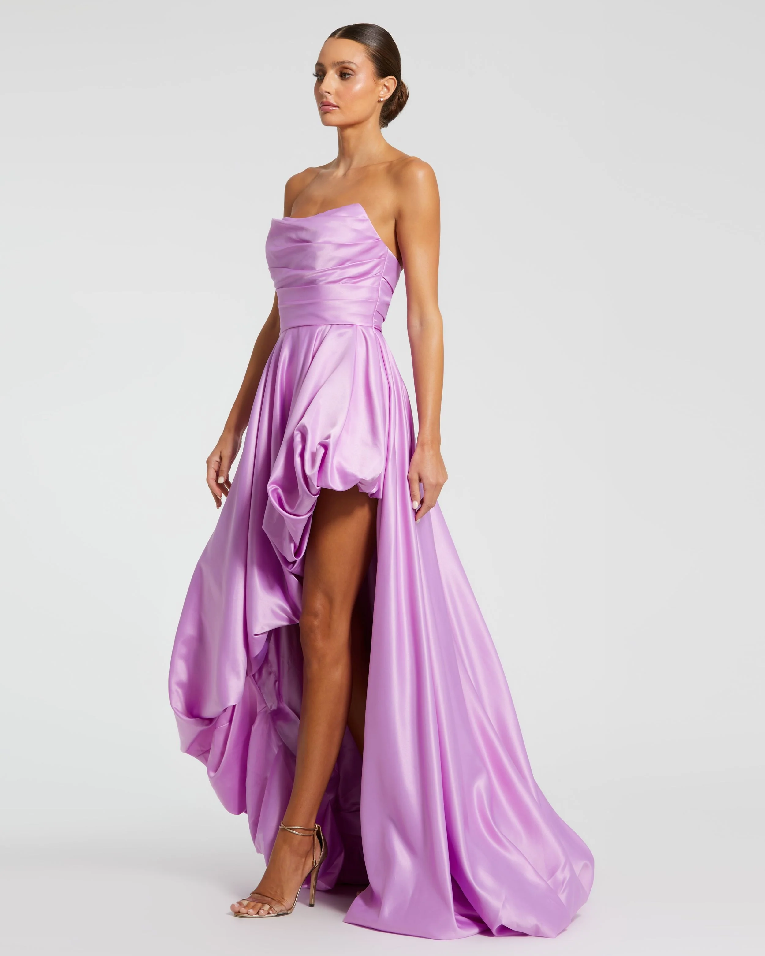 Purple Strapless Ruched High Low Gown