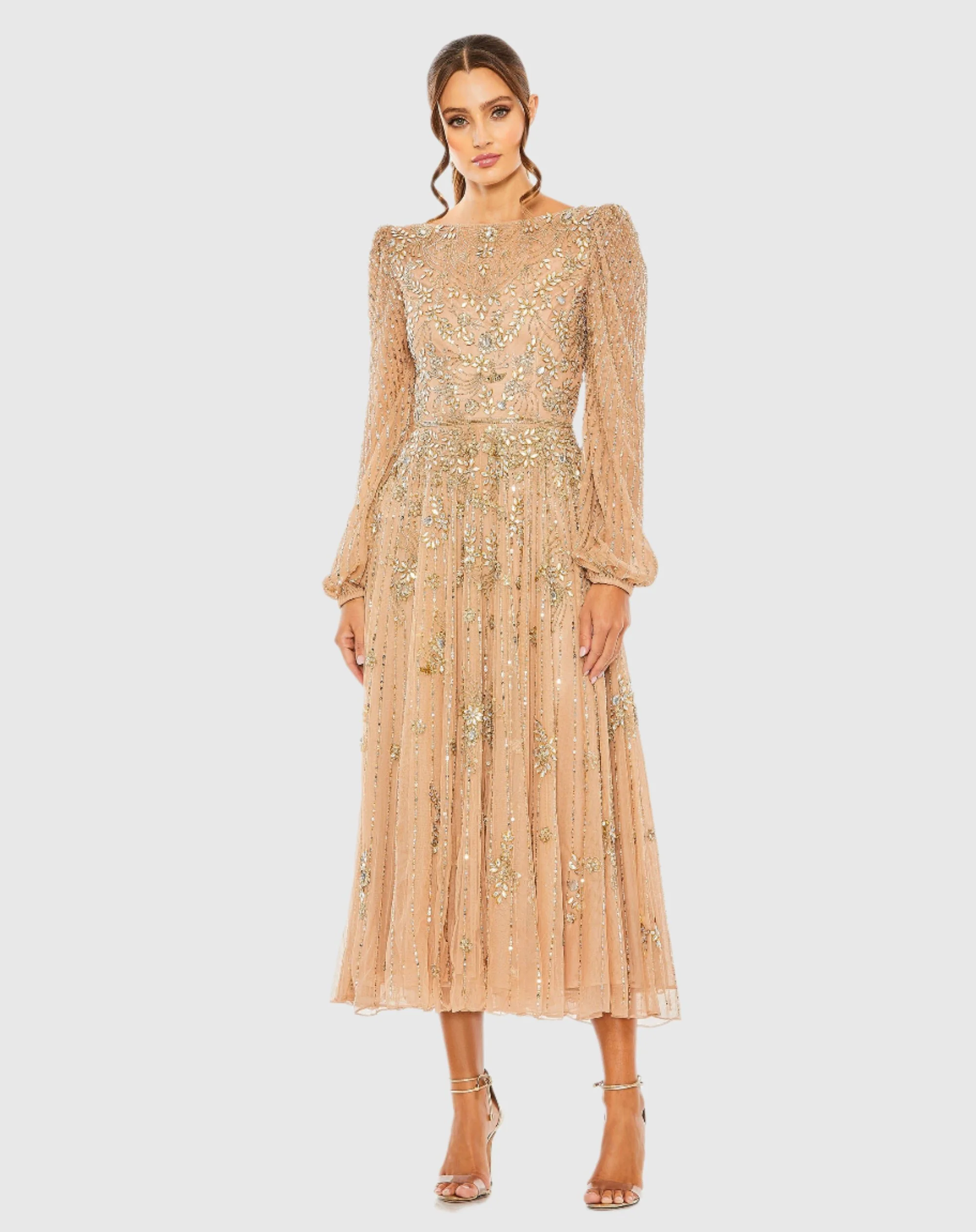 Beige Floral Embellished High Neck Puff Long Sleeve A Line Midi Dress