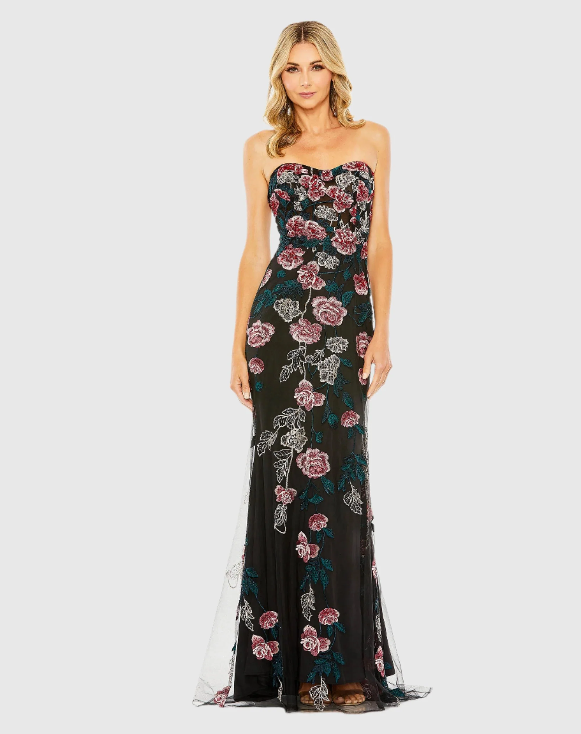 Black Strapless Floral Embroidered Gown
