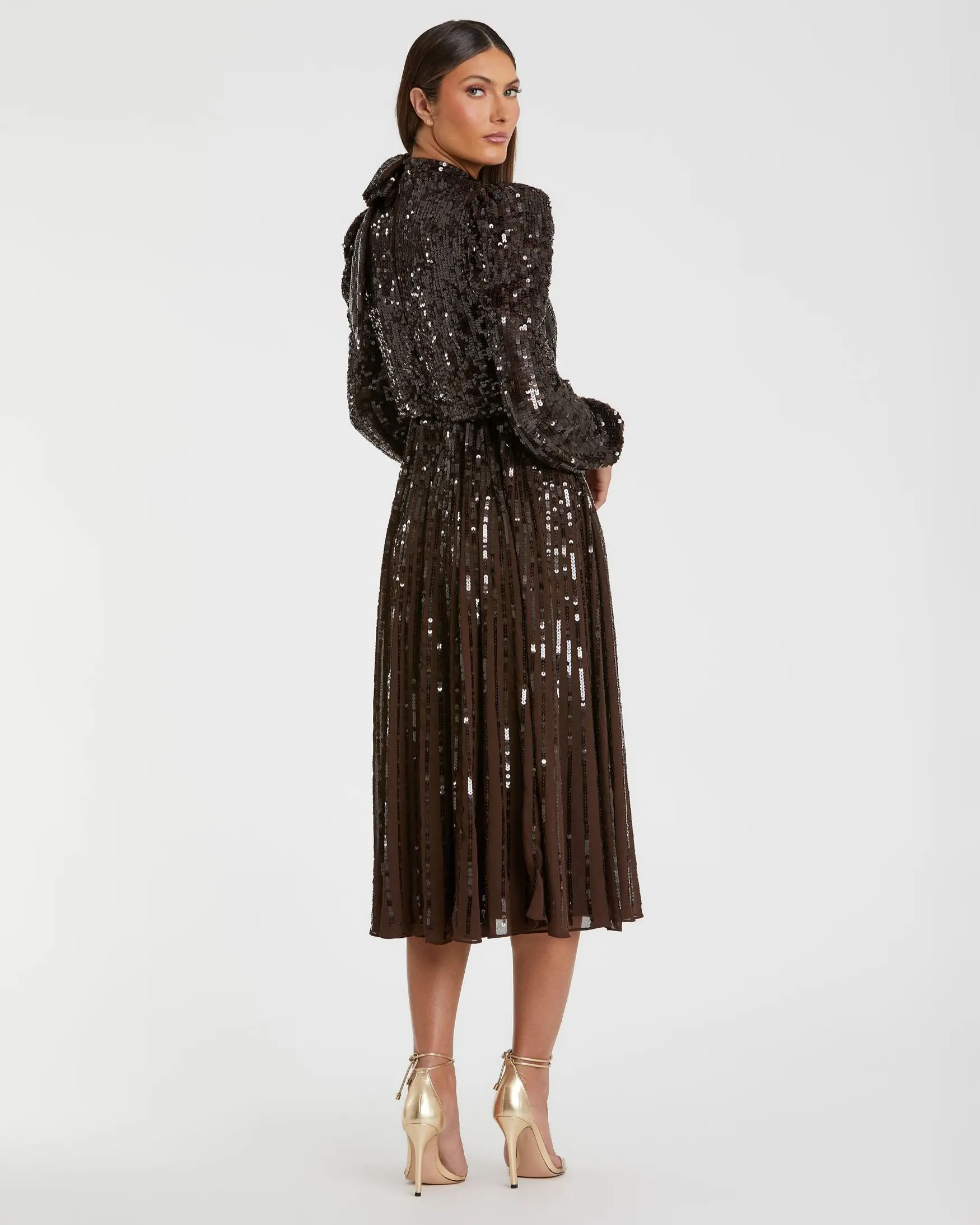 Long Sleeve Sequin Tea Length Dress