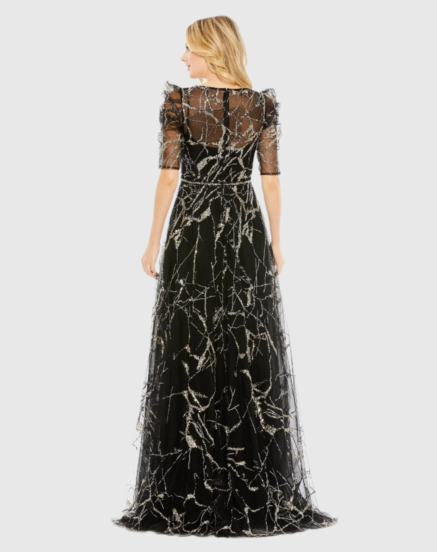 Black Embellished Gathered Puff Sleeve Faux Wrap Gown