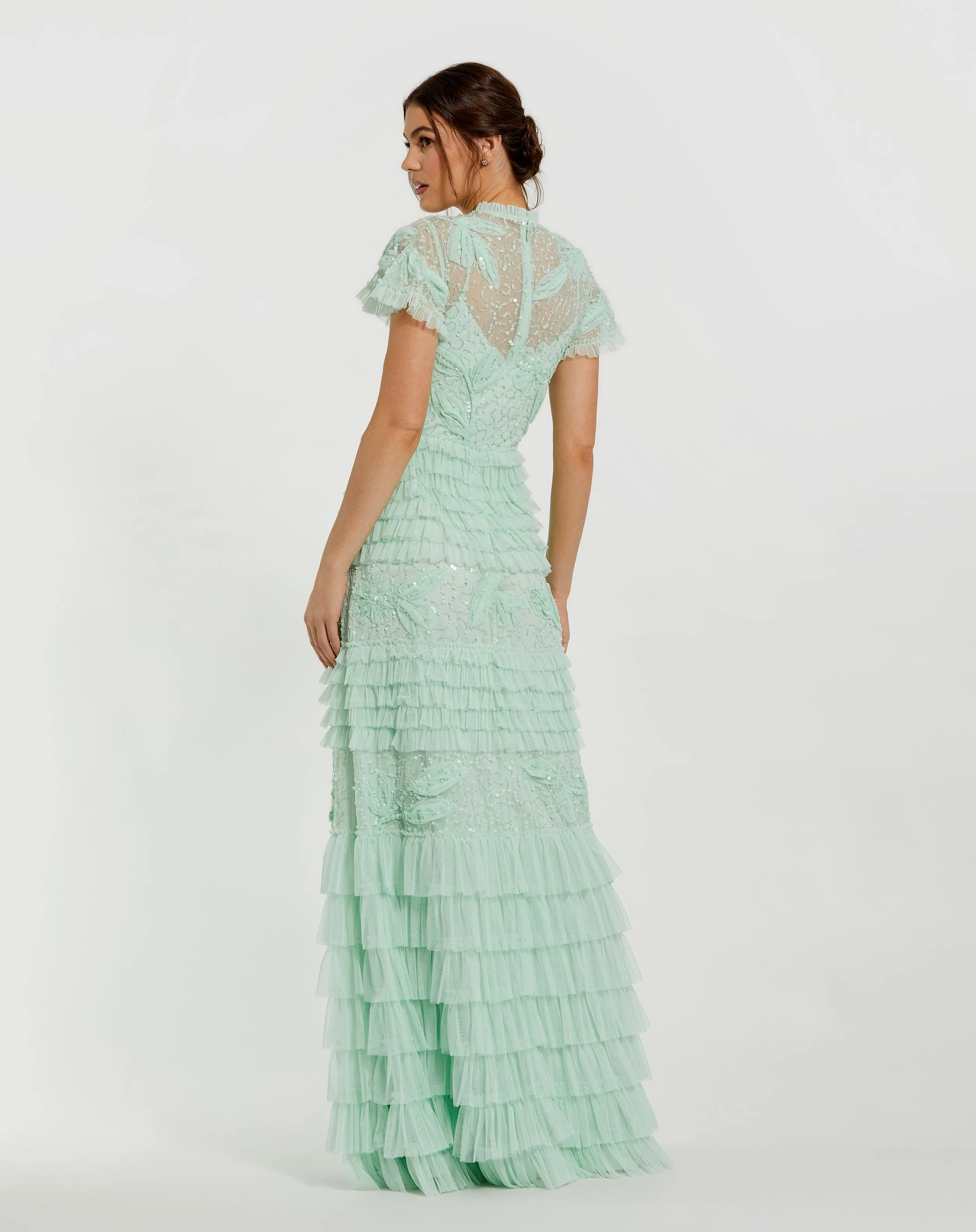 Green Beaded Mesh High Neck Micro Ruffle Gown