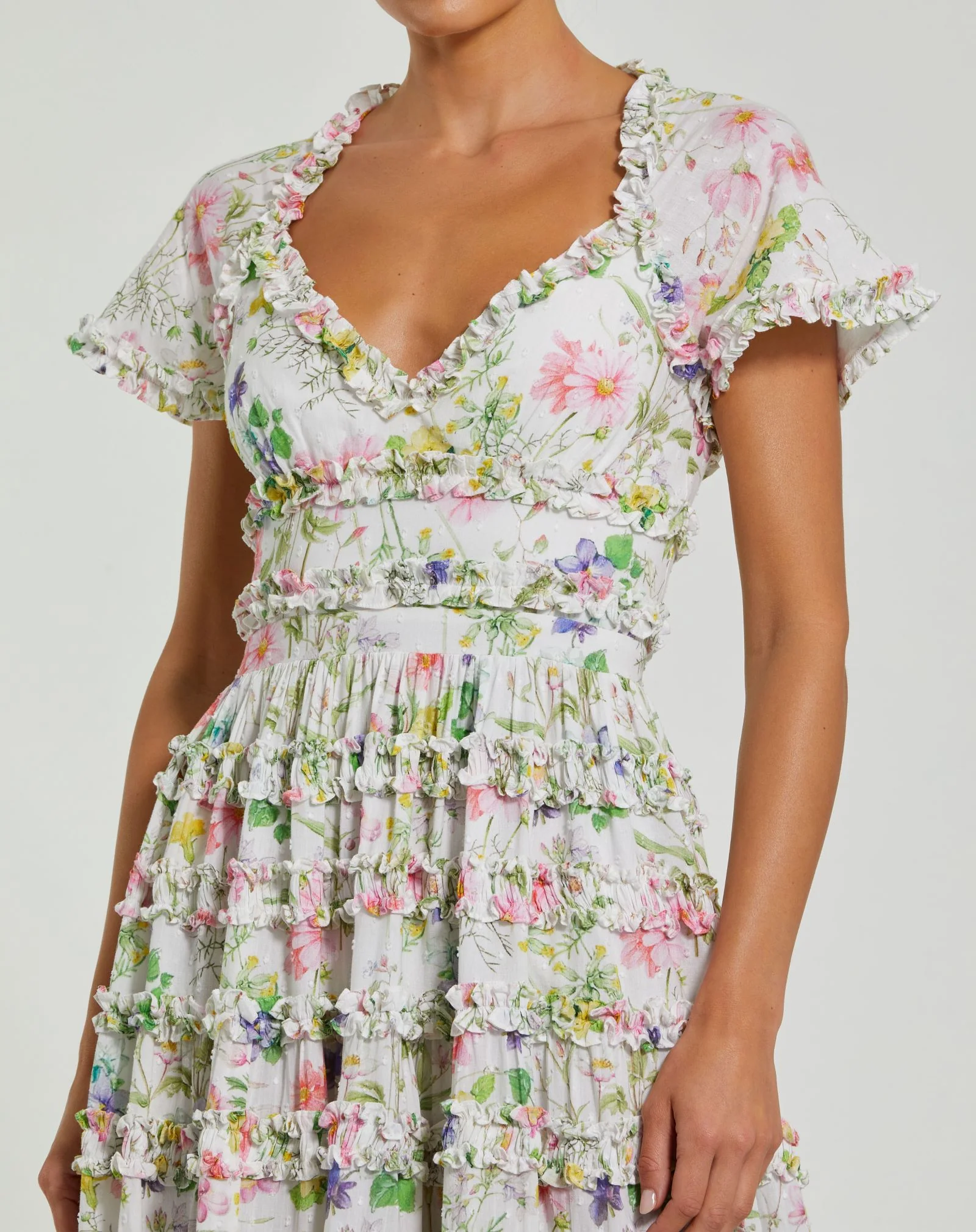 White Floral Cap Sleeve V Neck Open Back Cotton Dress
