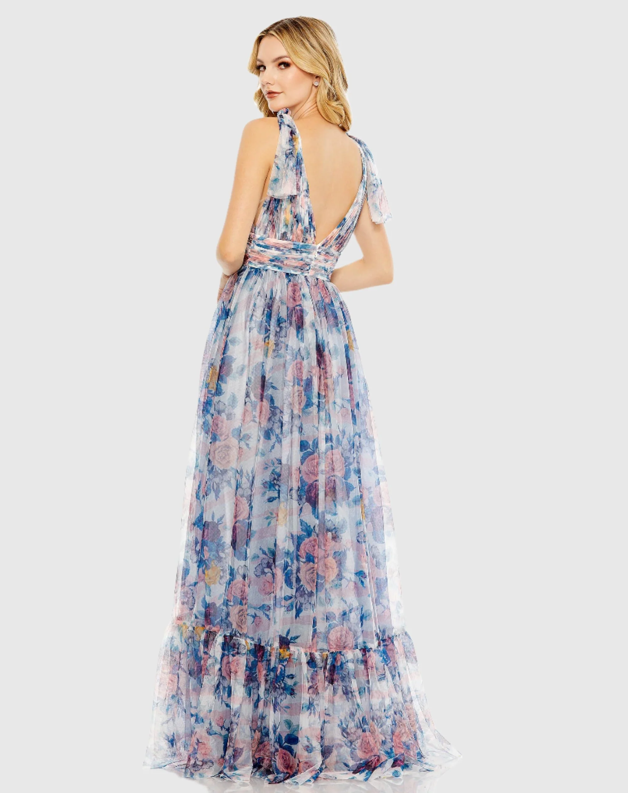 Floral Print Ruched Soft Tie Sleeveless Gown