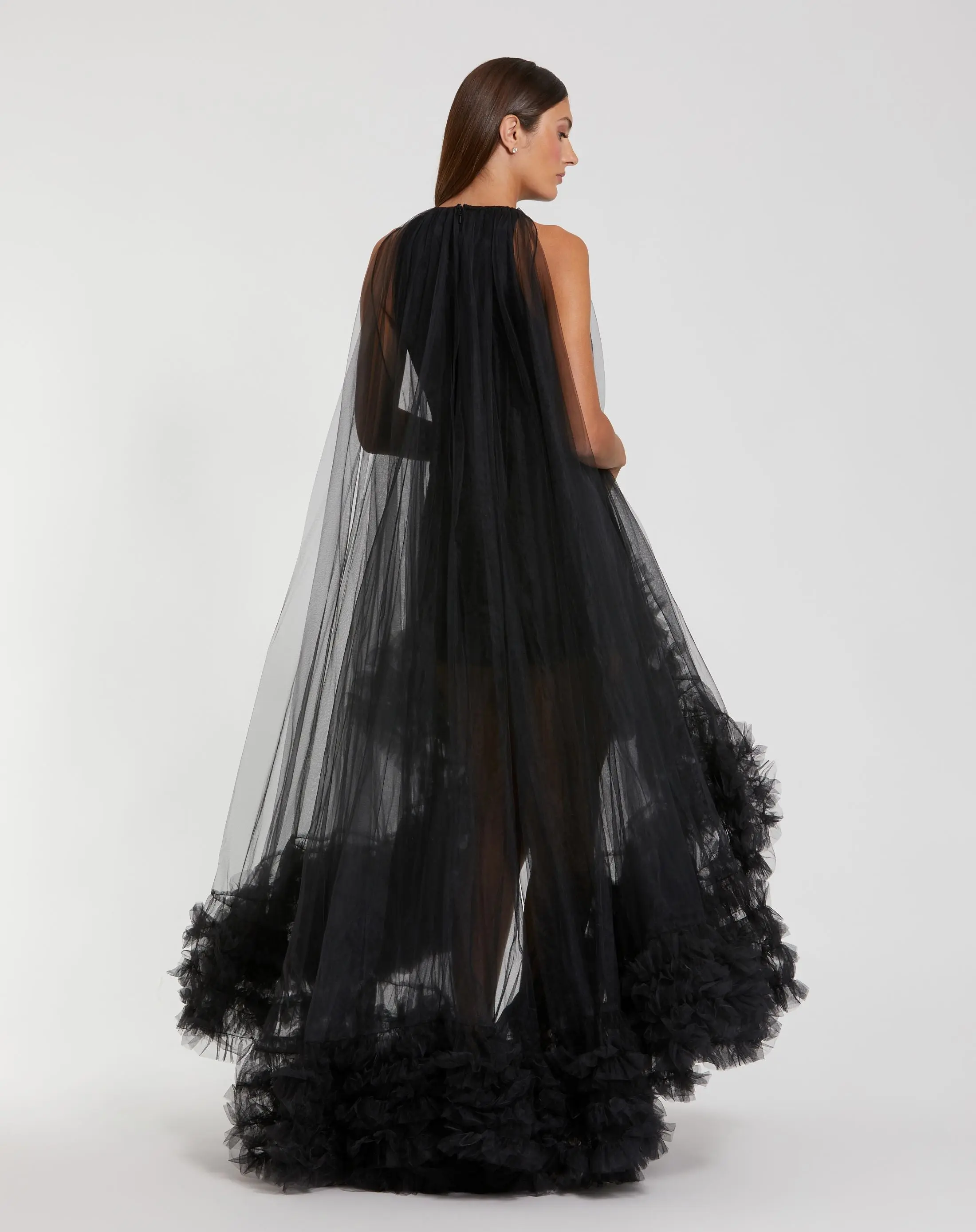 Black Tulle High Neck Sleeveless Ruffled Hem Hi-Low Gown