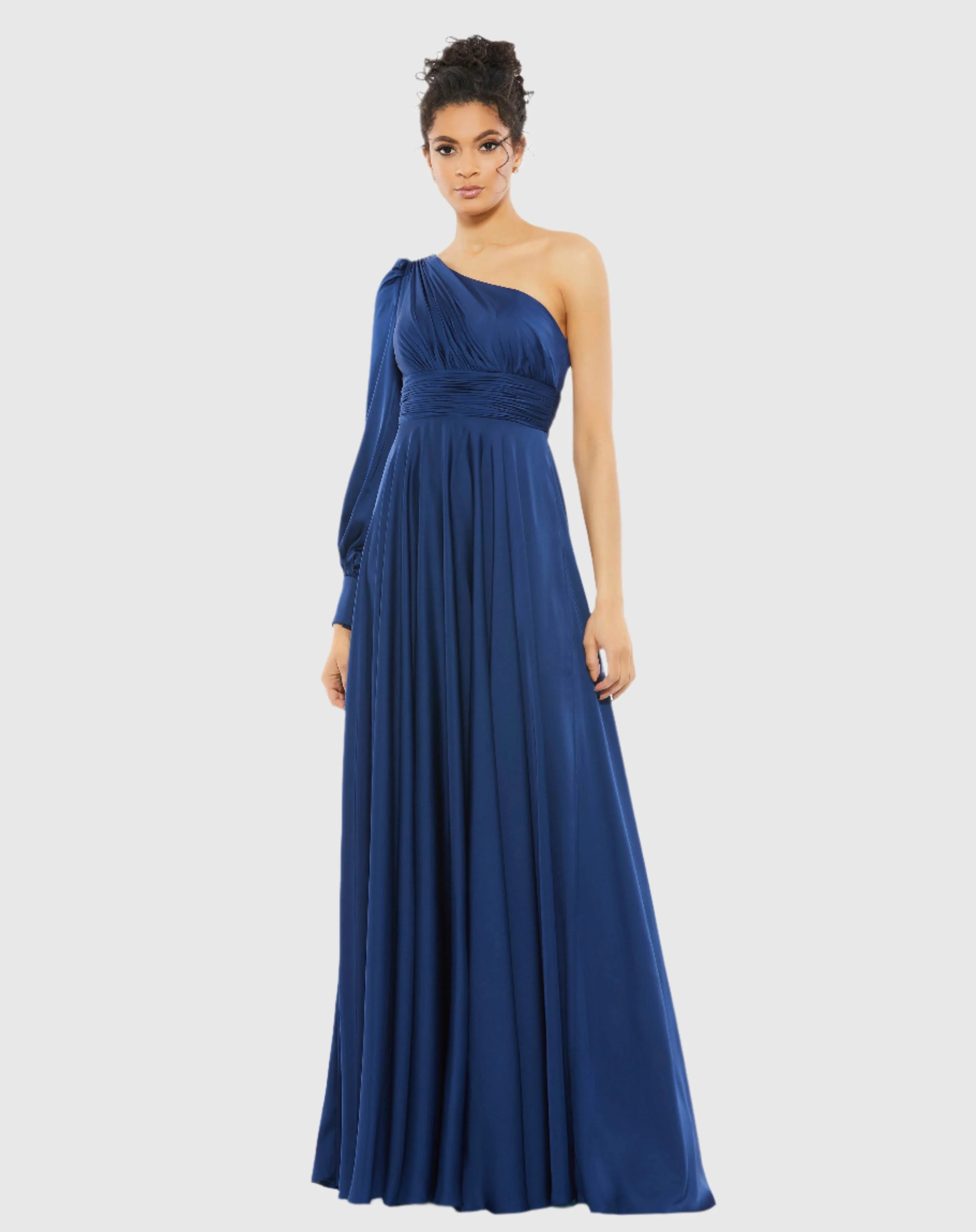 Navy One Shoulder Bishop Sleeve Flowy Gown