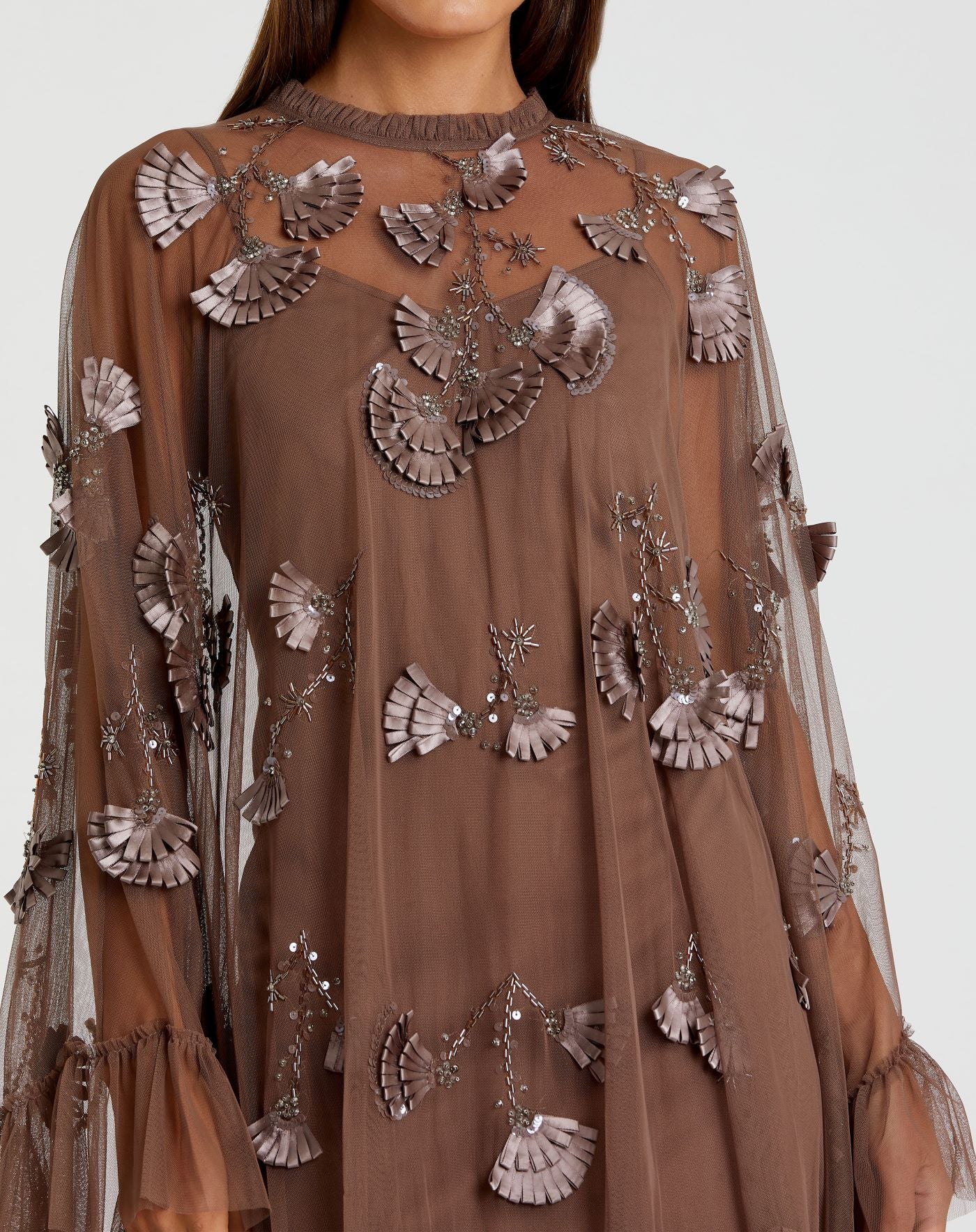Brown Embellished Long Flare Sleeve Mesh A-Line Dress