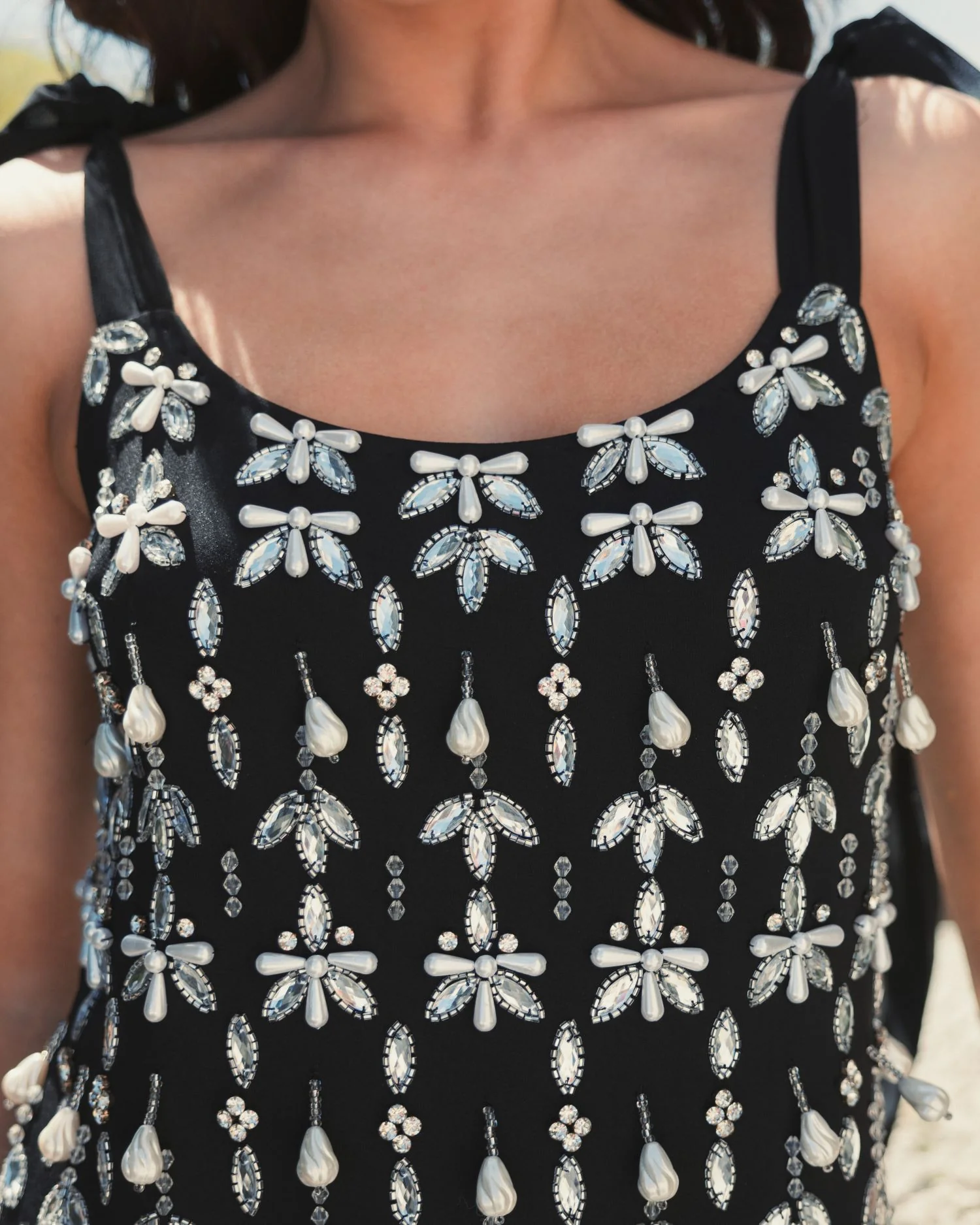 Black Jewel Encrusted Soft Tie Sleeveless Dress